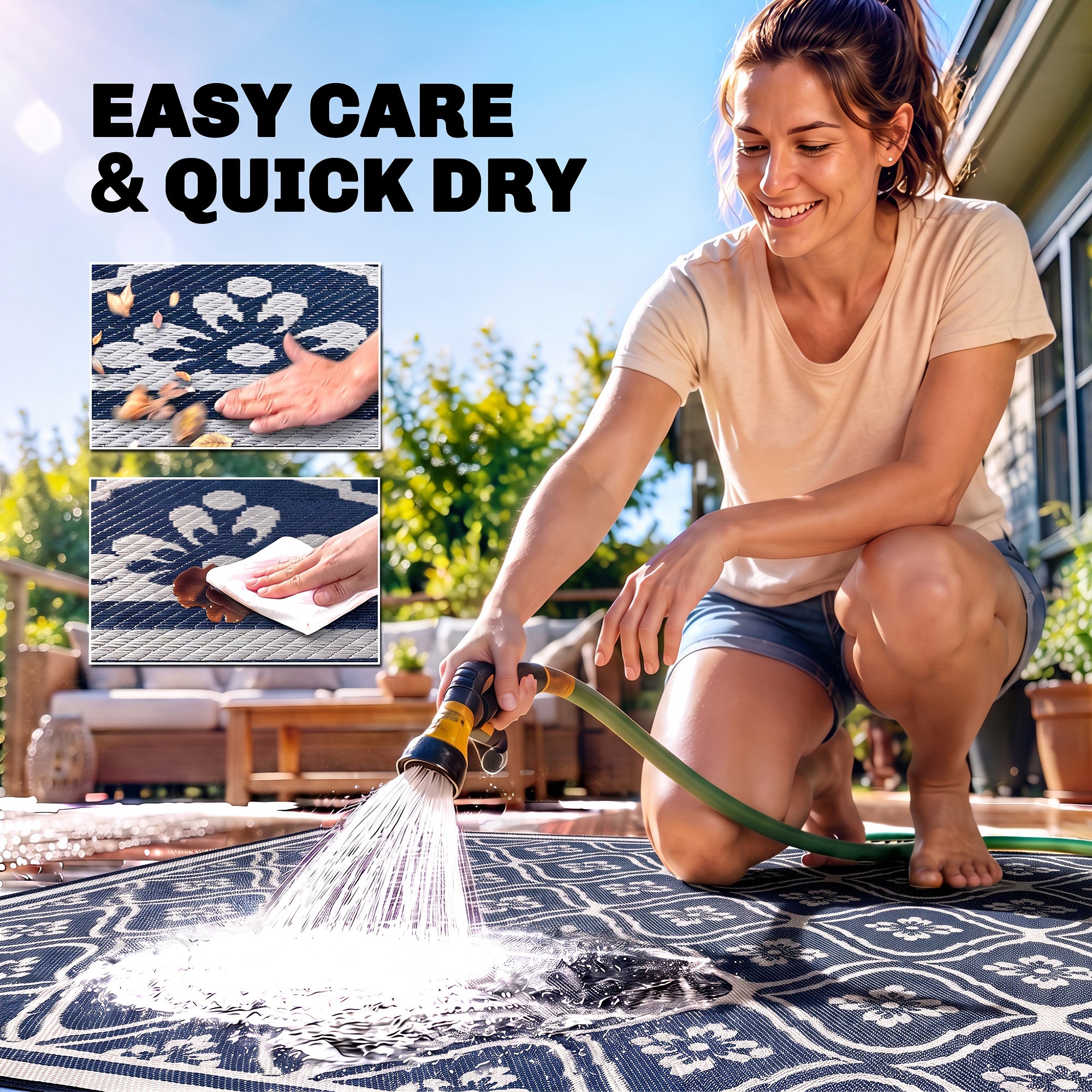 Reversible Outdoor Rug, Waterproof Plastic Straw with Carry Bag, 9' x 18', Blue & White Gourd Border