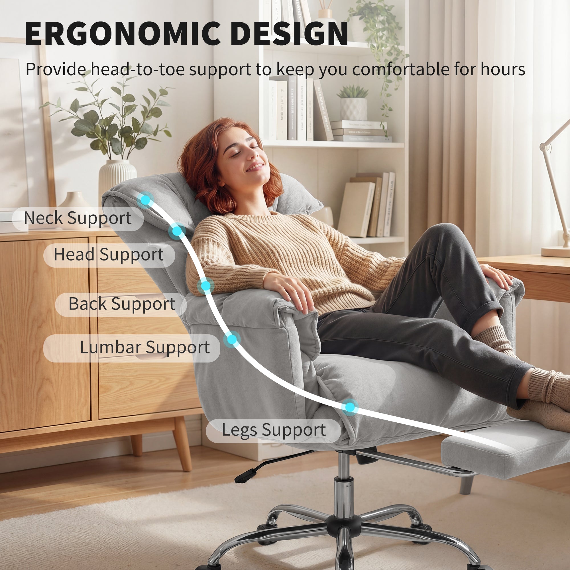 High Back Office Chair, Reclining Desk Chair with Footrest, High Resilience Foam, Rolling Wheels, Light Taupe Gray