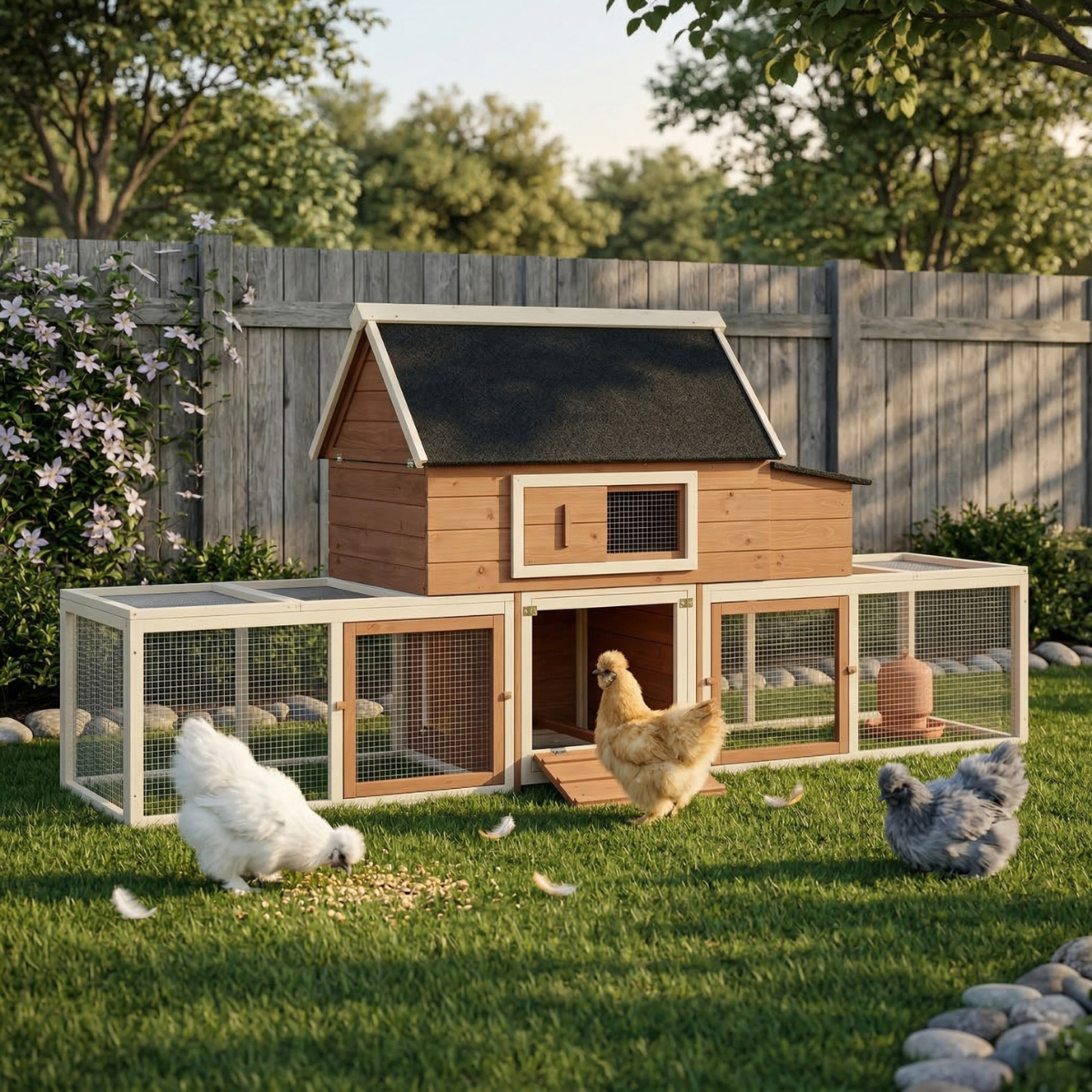 Wooden Chicken Coop, Outdoor Chicken Cage Poultry Hen House with Nesting Box, Double Runs, Asphalt Roof, Ramp