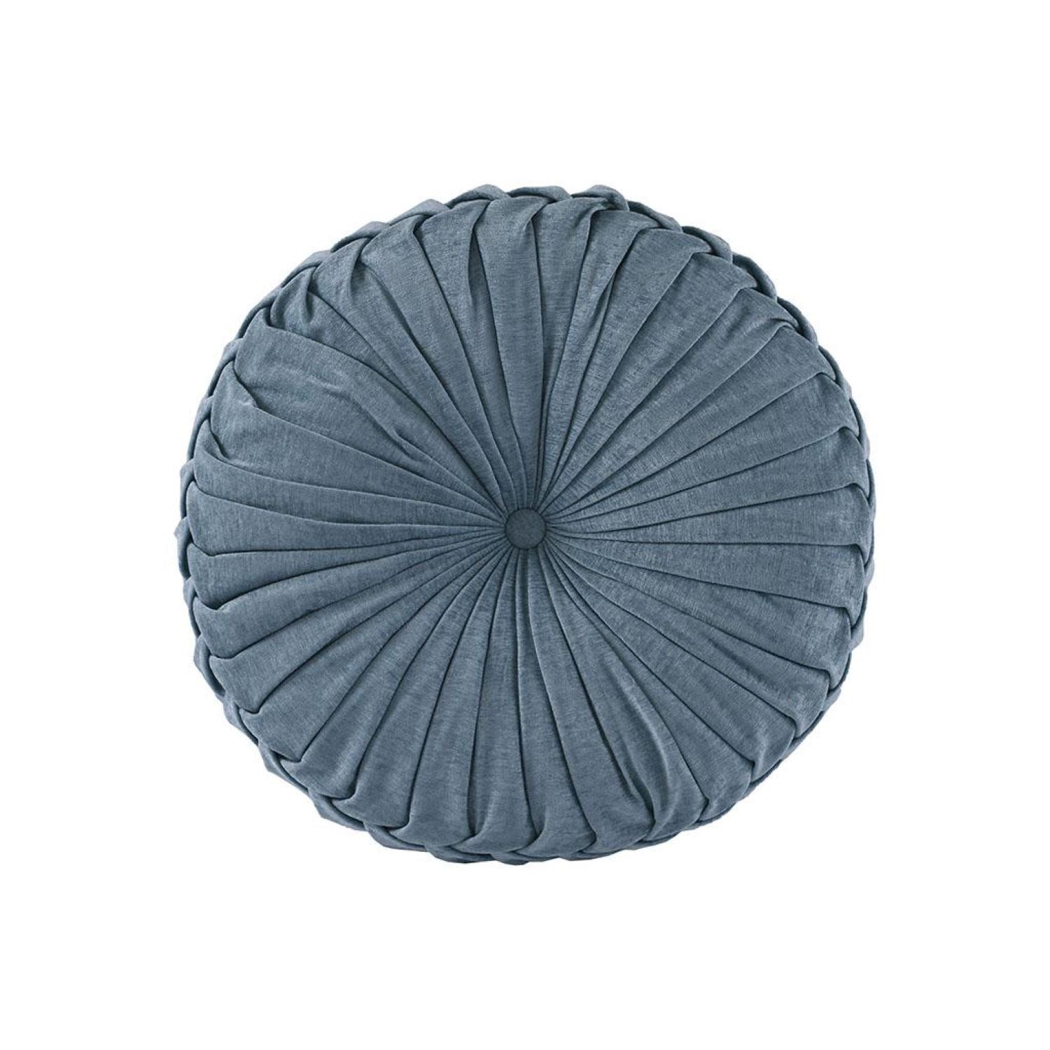 Stylish Poly Chenille Round Floor Pillow Cushion with Textured Fabric, Tufted Button Center, Pleated Detailing, 22" L x 22" W x 6" H, Aqua