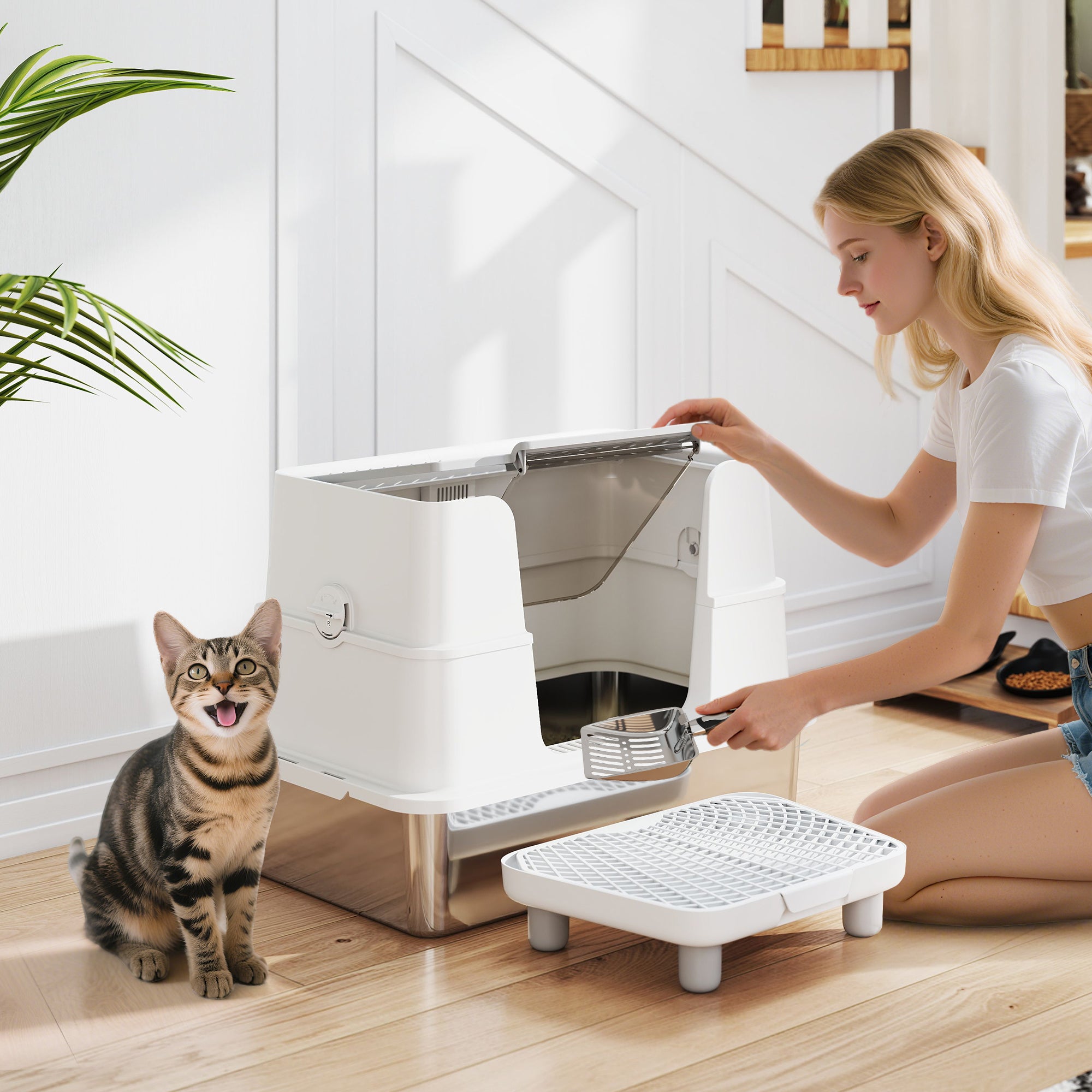 XL Stainless Steel Litter Box w/ 100° Flip Top, Scoop, Step, Top & Side Entry Enclosed Litter Box for Big Cats