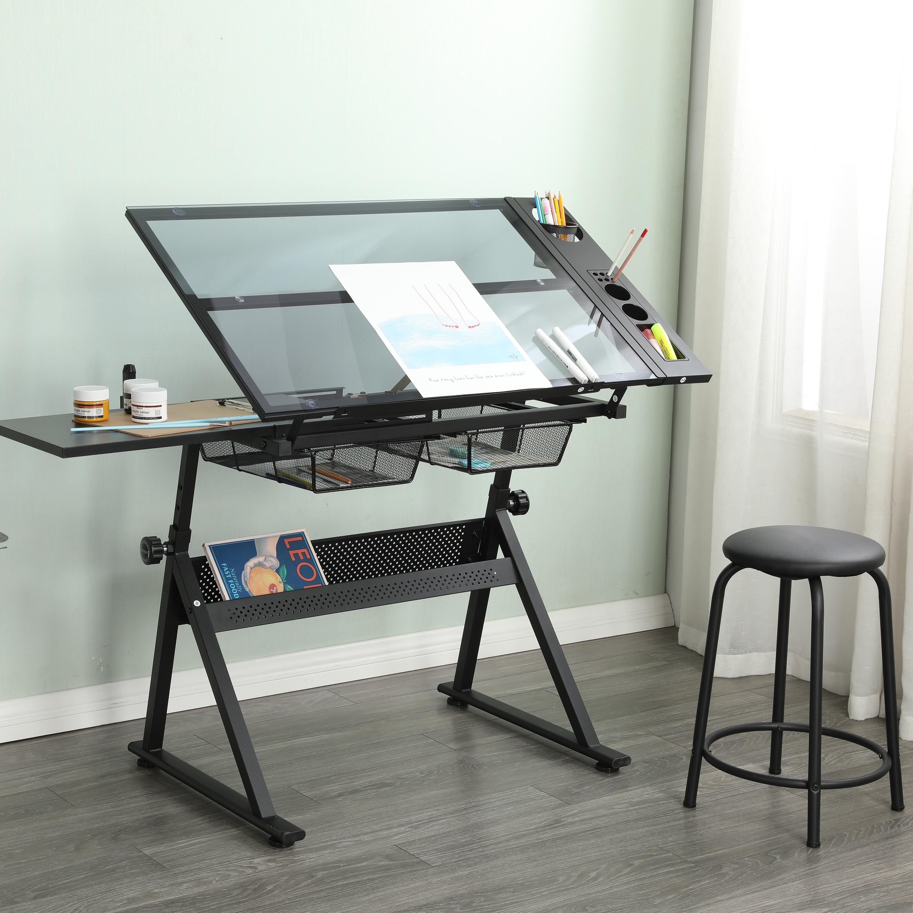 Adjustable Tempered Glass Drafting Table with 2 Large Metal Drawers and Stool, Desk with Side Storage Rails, 40" L x 23.5" W x 27.5" H, Black