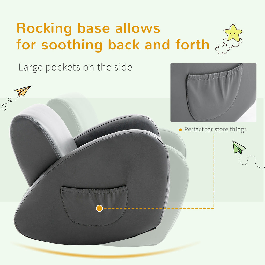 Kids Sofa Rocking Chair with Side Pocket, PU Leather Toddler Armchair for Children Grey