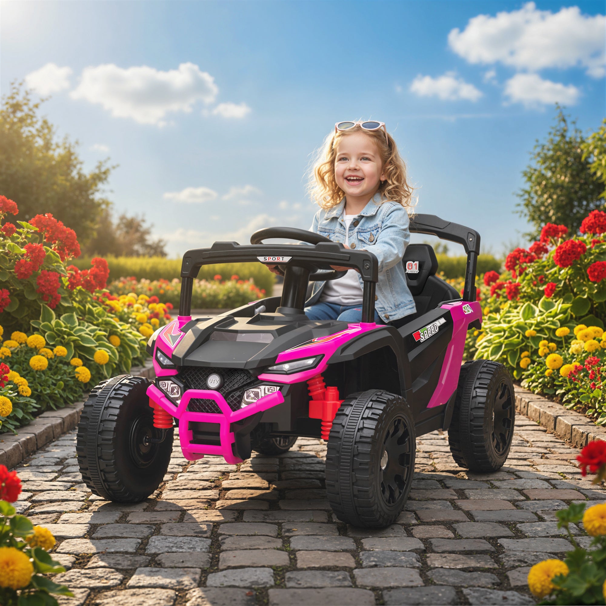 12V Kids Ride On Truck, Battery Powered Electric UTV Vehicle with Rear Suspension, Remote Control for 3-5 Years, Pink