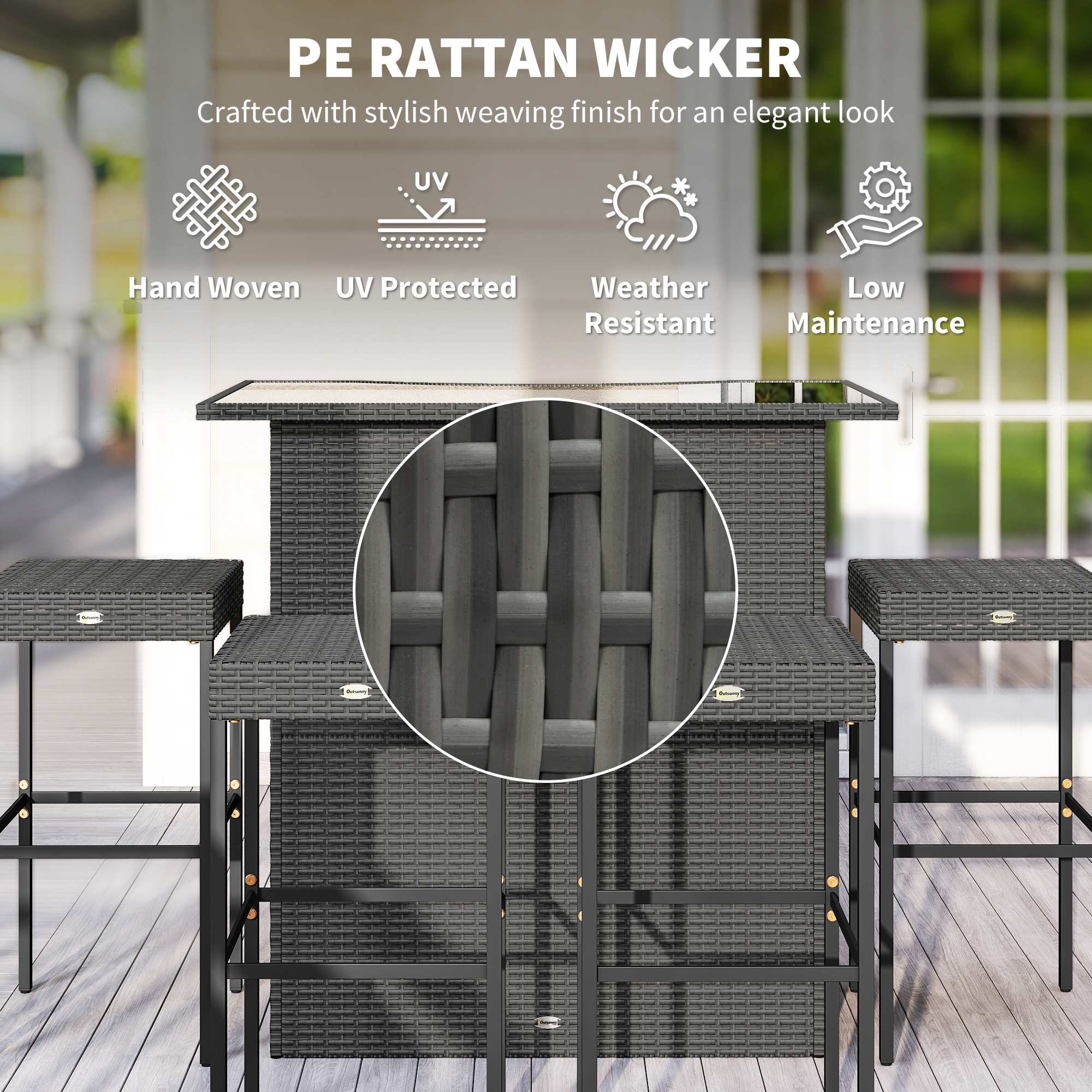 5 Piece Rattan Wicker Bar Set, High Top Outdoor Table and Chairs, Bar Height Patio Set, 2 Shelves & 4 Bar Stools, Gray