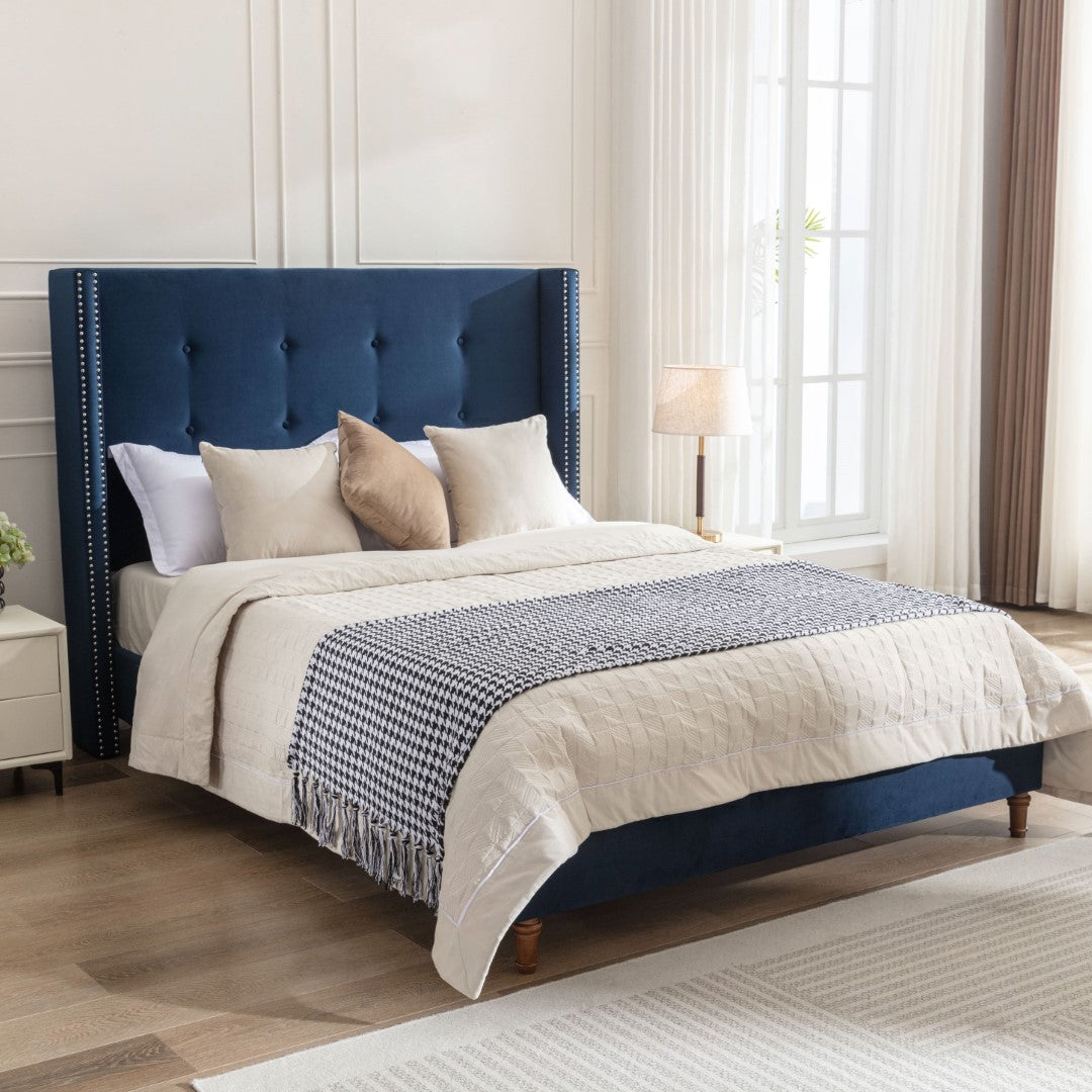 Upholstered Queen Bed Frame with Velvet 54" High Headboard, Traditional Hand Buttoned Tufting, Nailhead Trim Wingback, No Box Spring Needed, Blue