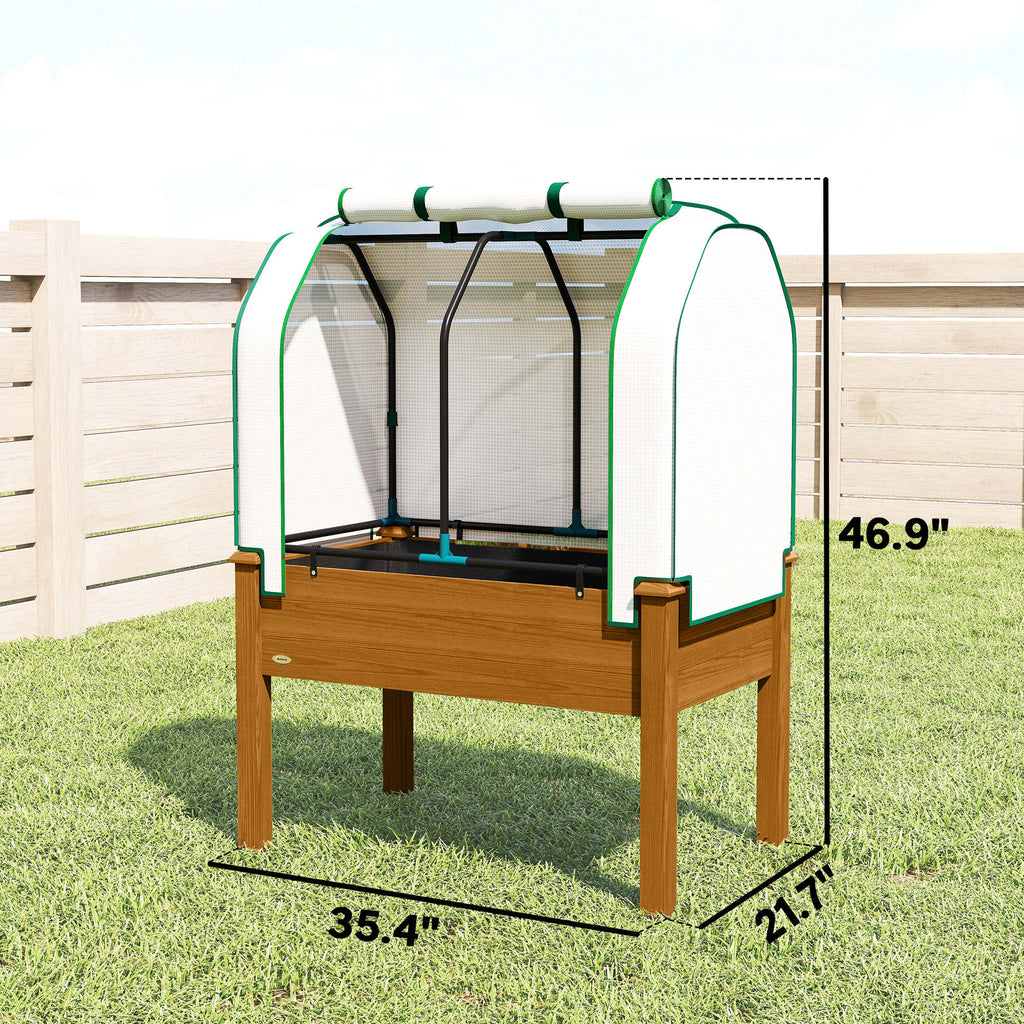 Raised Garden Bed with PE Greenhouse Cover Outdoor Planter Box for Herbs and Vegetables, 35 x 22 x 47 inch, Brown