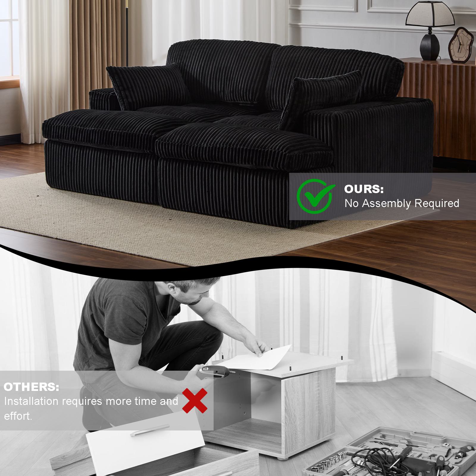 Double Chaise Lounge Chair with Deep Seat and Corduroy Fabric, Sectional Love-seat Perfect for Apartments, 82.5'' L x 57'' W x 23.5'' H, Black