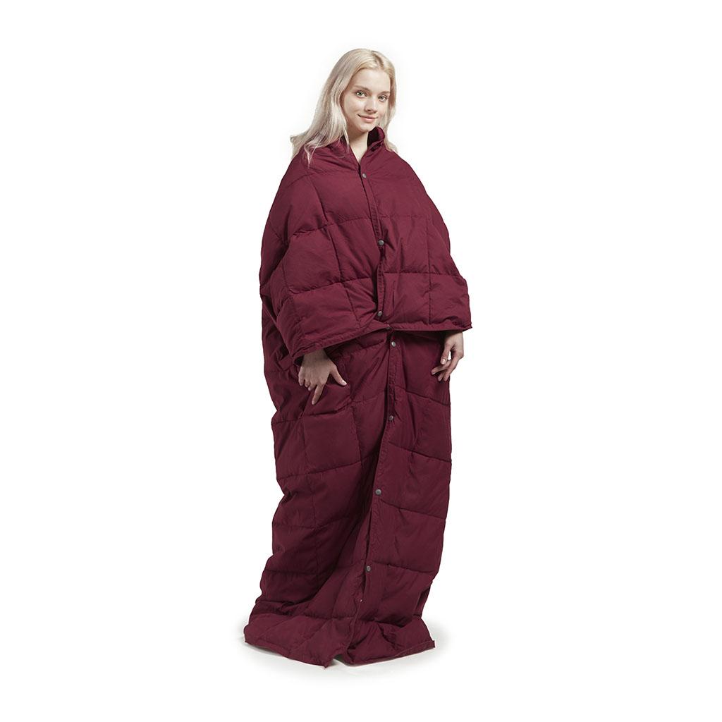 Wearable Multipurpose Throw with Goose Feather, Down Filling, Water-Repellent Microfiber, Machine Washable, 68" L x 62" W x 0.25" H, Red