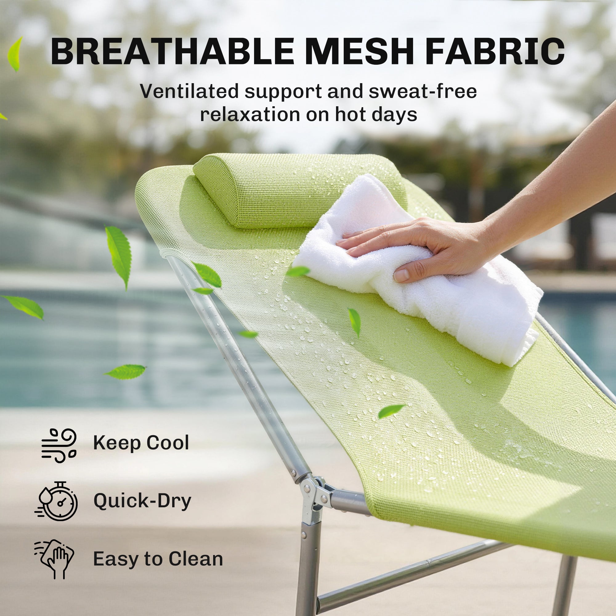 Folding Chaise Lounge Pool Chairs, Outdoor Sun Tanning Chairs with Pillow, Reclining Back, Steel Frame & Breathable Mesh for Beach, Yard, Patio, Green