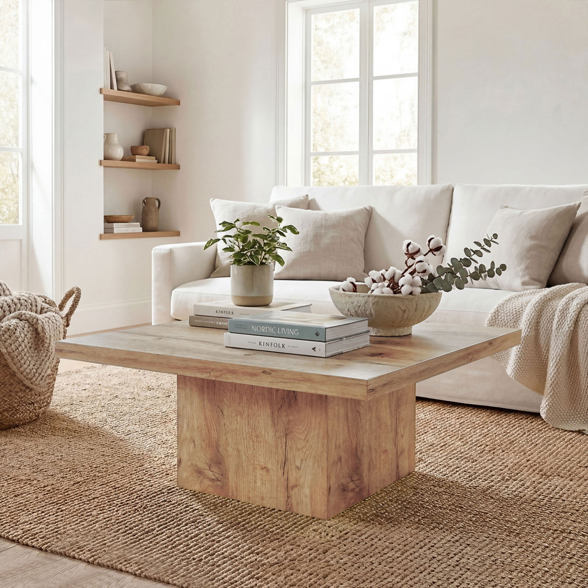 Square Coffee Table, Center Table with 1.6" Thick Tabletop, Light Brown