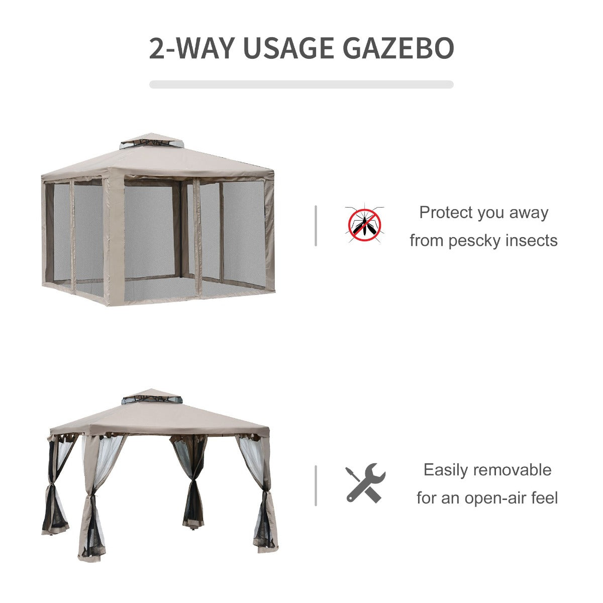 10' x 10' Gazebo Tent, Double Roof Outdoor Canopy Shelter, with Netting Fabric and Vented Roof, Steel Corner Frame for Garden, Lawn, Backyard, Taupe