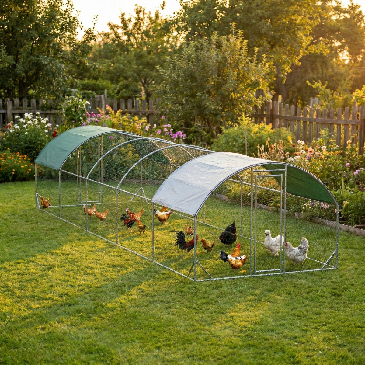 Large Metal Chicken Coop with Waterproof and Anti-UV Cover for Yard, Outdoor, Duck, Rabbit, 9.2' x 31.2' x 6.5'