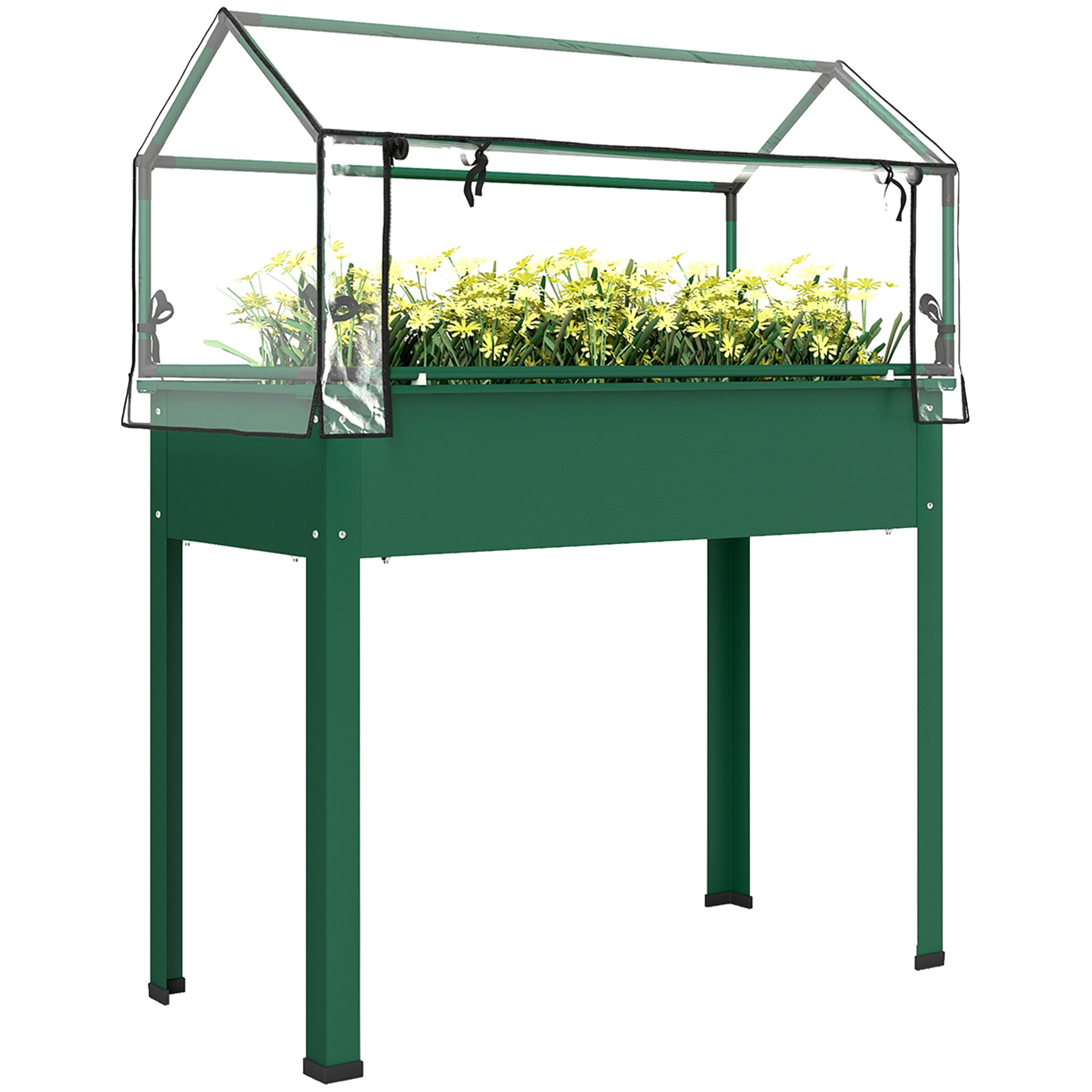 Elevated Garden Box with Greenhouse Cover, Raised Garden Bed with Legs and Drainage Hole for Vegetables, Green