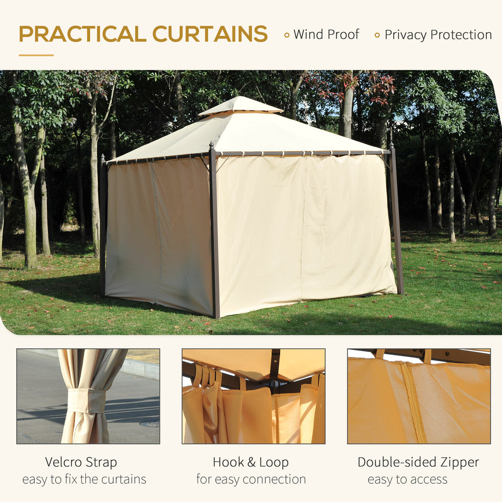 10' x 10' Steel Outdoor Patio Gazebo with Polyester Privacy Curtains, Two-Tier Roof for Air, Large Design
