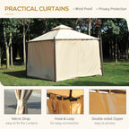 10' x 10' Steel Outdoor Patio Gazebo with Polyester Privacy Curtains, Two-Tier Roof for Air, Large Design
