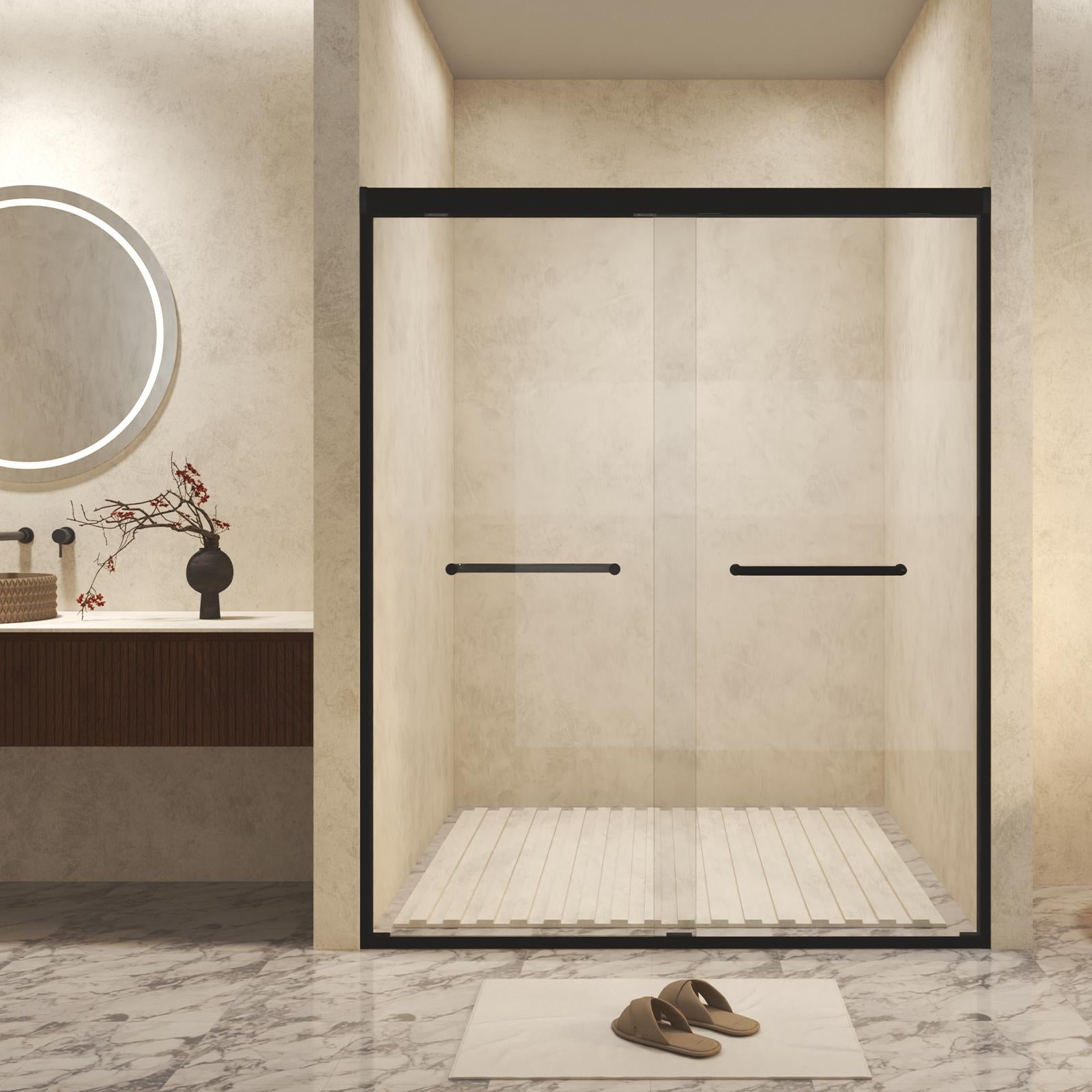 Double Sliding Shower Door with Explosion-Proof Safety Film and Stainless Steel Handle, Panel for Bathroom, 48" L x 0.5" W x 72" H, Matt Black