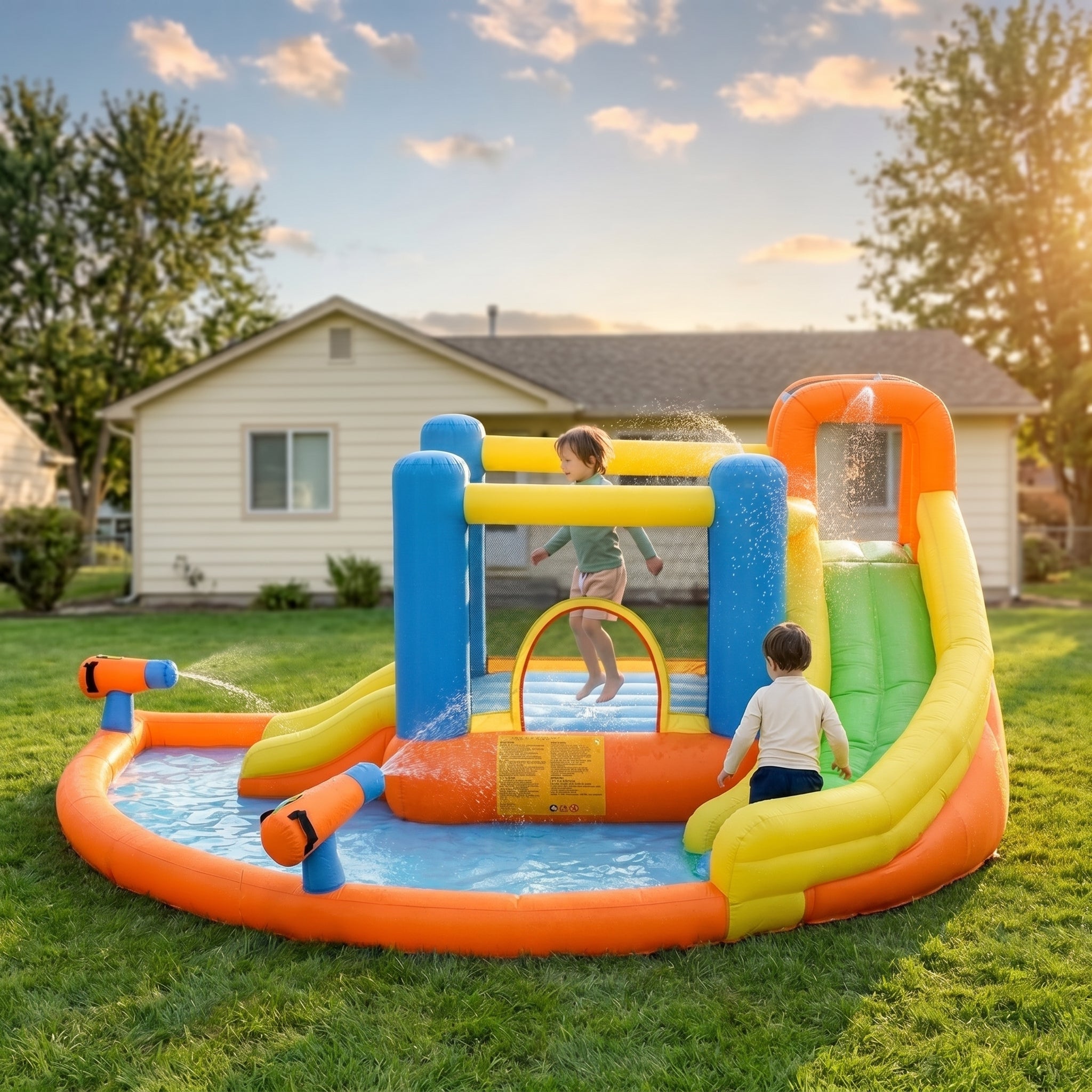 5-in-1 Kids Inflatable Bounce House Jumping Castle with Water Pool, Slide, Climbing Walls & 2 Water Guns
