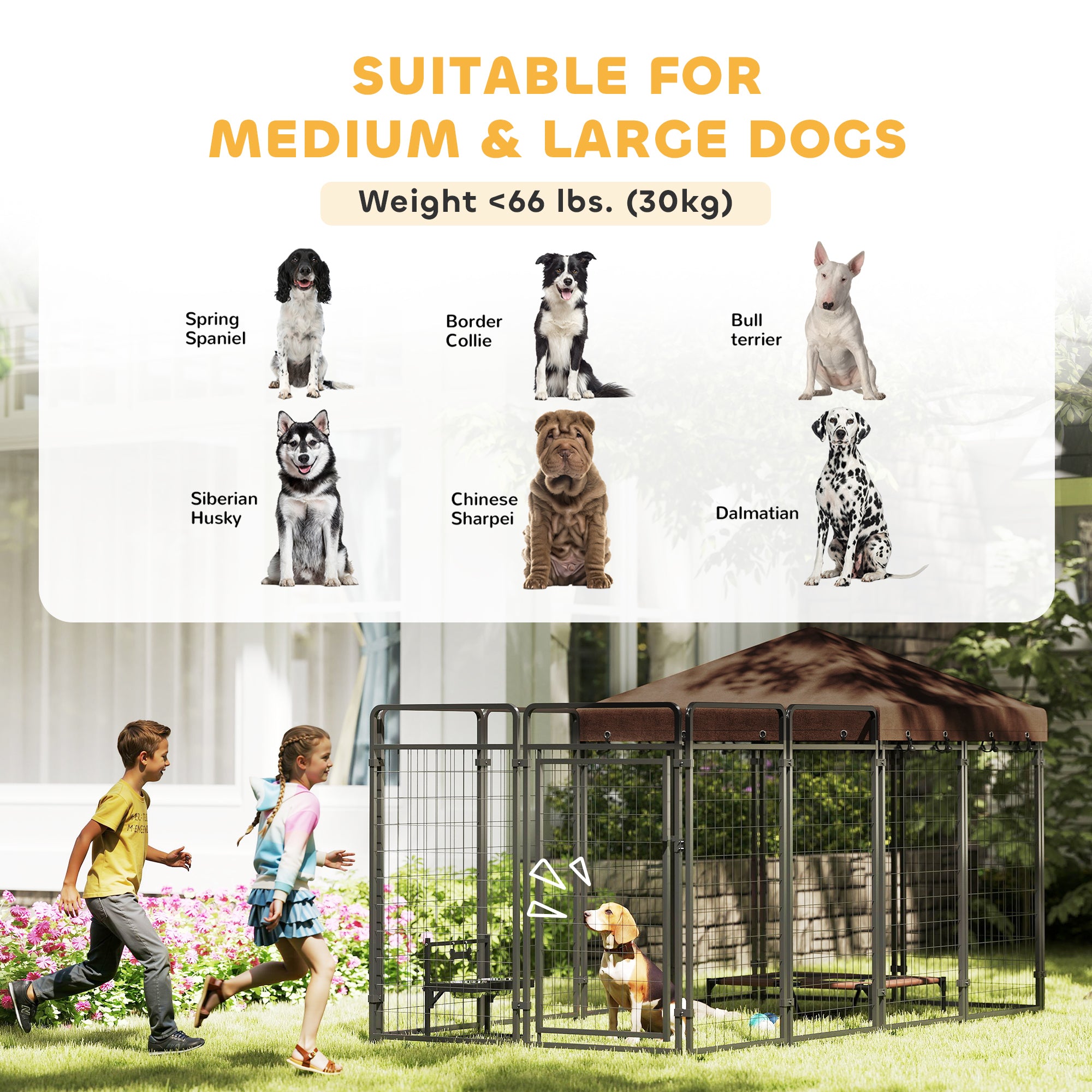 Dog Kennel Outdoor with Waterproof Canopy, Dog Run with Galvanized Chain Link, Secure Lock, for Backyard and Patio, Large and Medium Sized Breeds, Chickens, Ducks, 9.3' x 4.6' x 5.2'