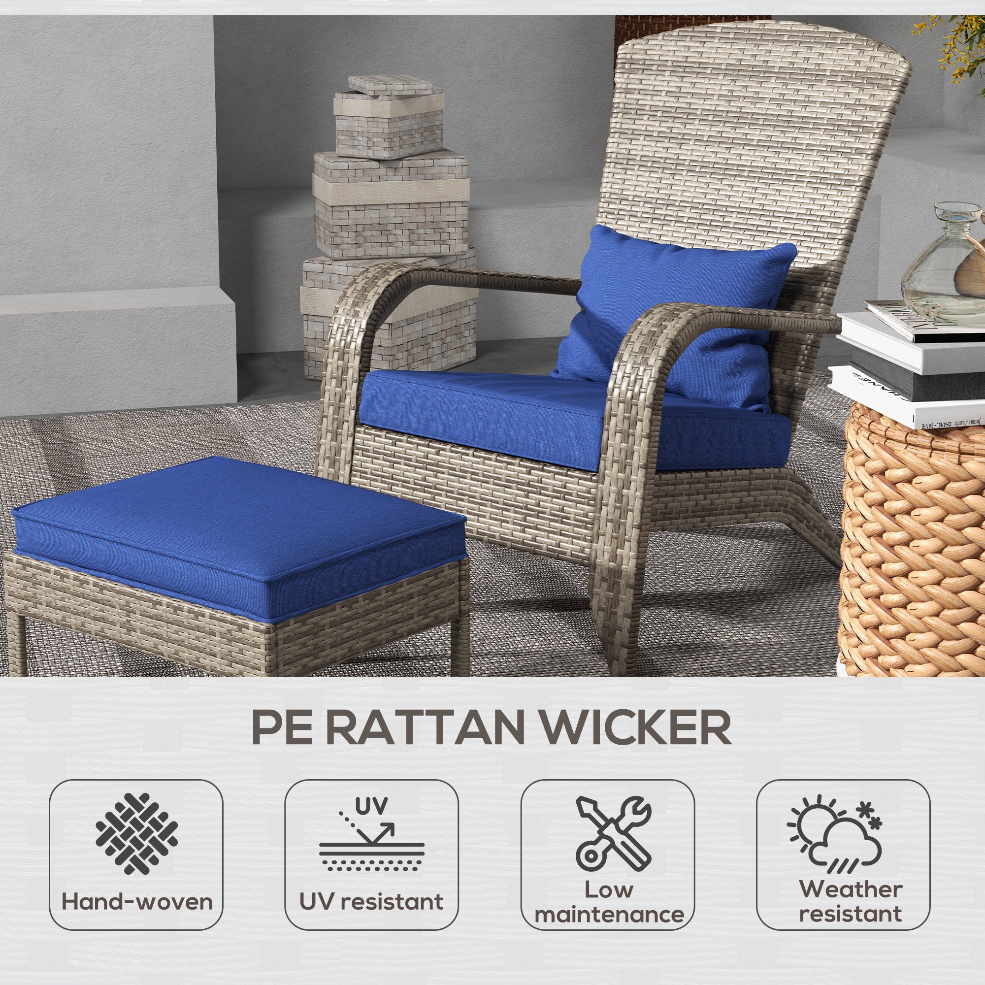 Wicker Adirondack Chair Fire Pit Chair w/ Ottoman & Cushions, Blue