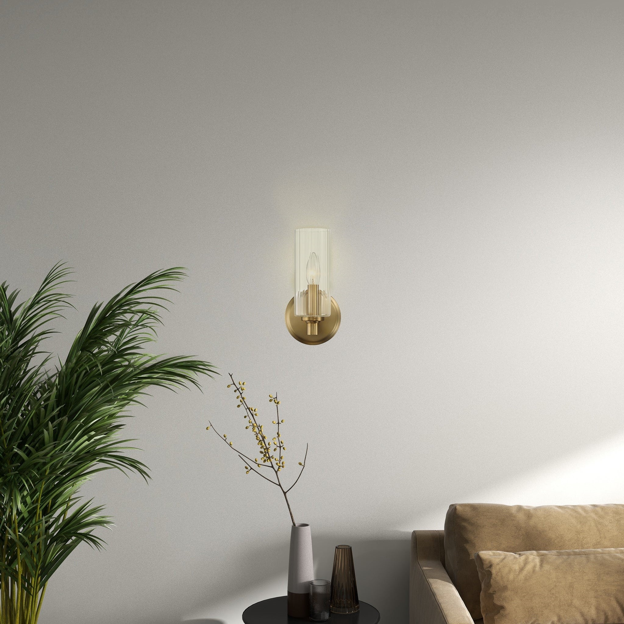 Single Light Wall Sconce with Clear Ribbed Glass, Satin Brass Finish, Elegant Home Lighting Solution, 5" L x 5" W x 10" H, Clear+Gold