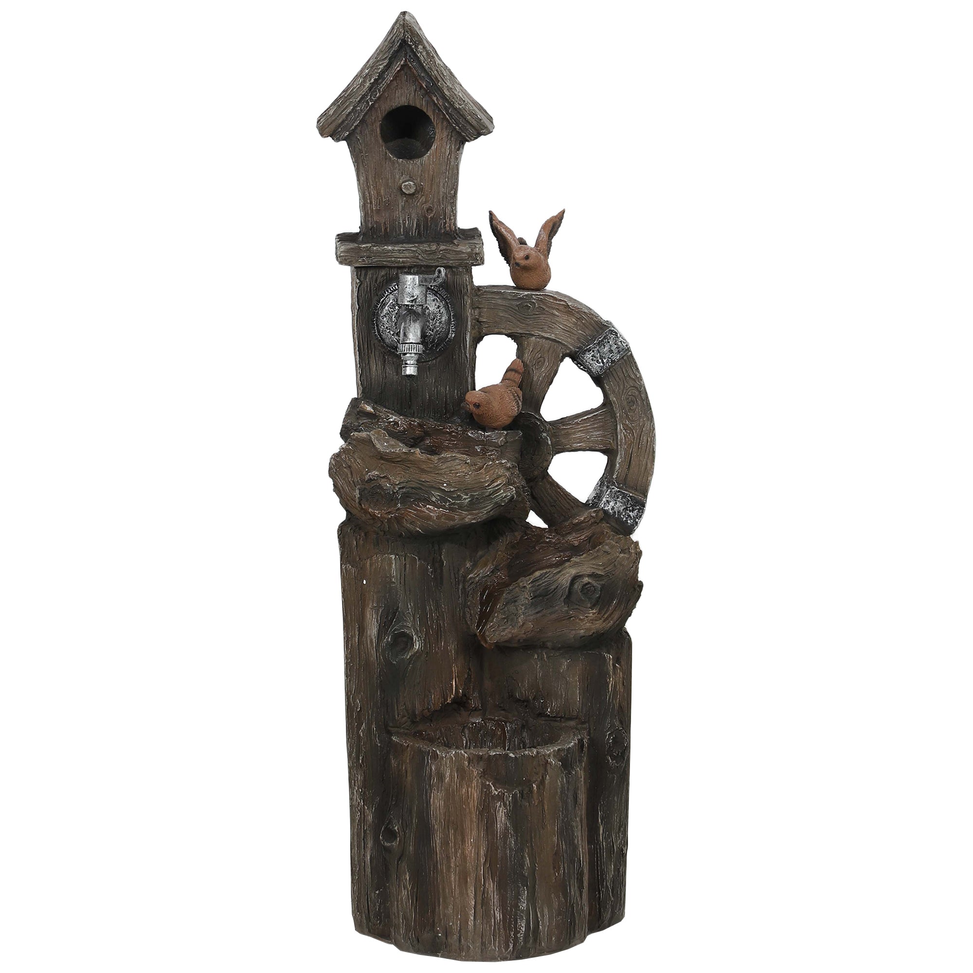 Outdoor Water Fountain, Decorative Garden Birdhouse, 3-Tier Cascading Waterfall with LED Lights and Water Wheel, Soothing Tranquility for Home Garden, Yard Decor