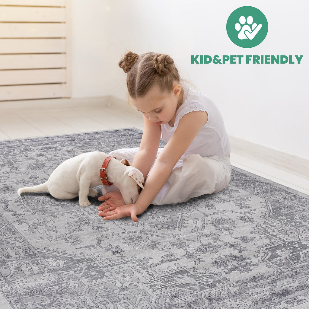 Naar 2x3 Stain-Resistant Area Rug with Non-Shedding Design and Cotton Backing, Kid and Pet-Friendly Carpet, 36" L x 24" W x 0.35" H, Silver