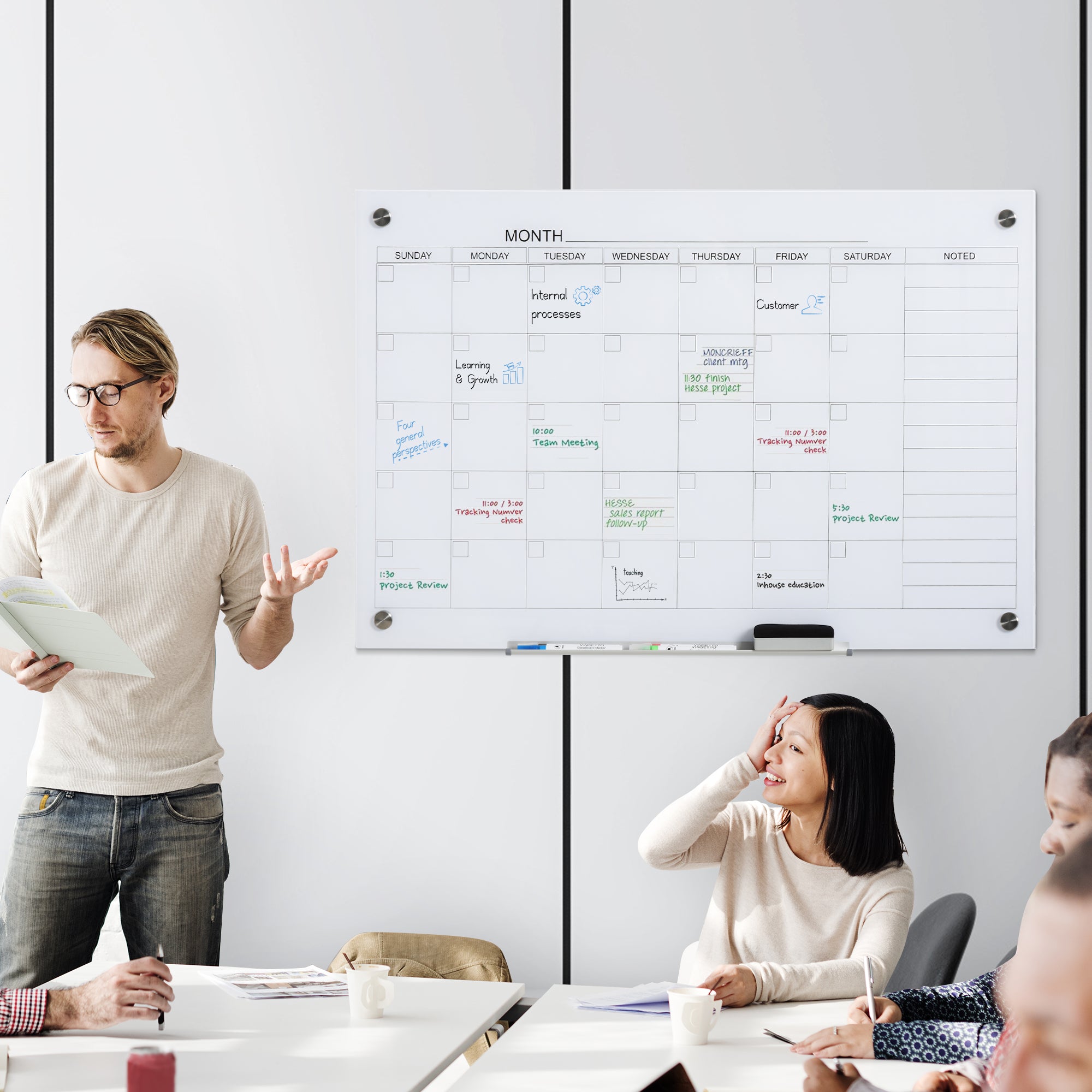 35"x23" Dry Erase Wall Calendar Glass Whiteboard Monthly Planner for Homeschool Supplies & Home Office Organization with 4 Markers and 1 Eraser,Frameless