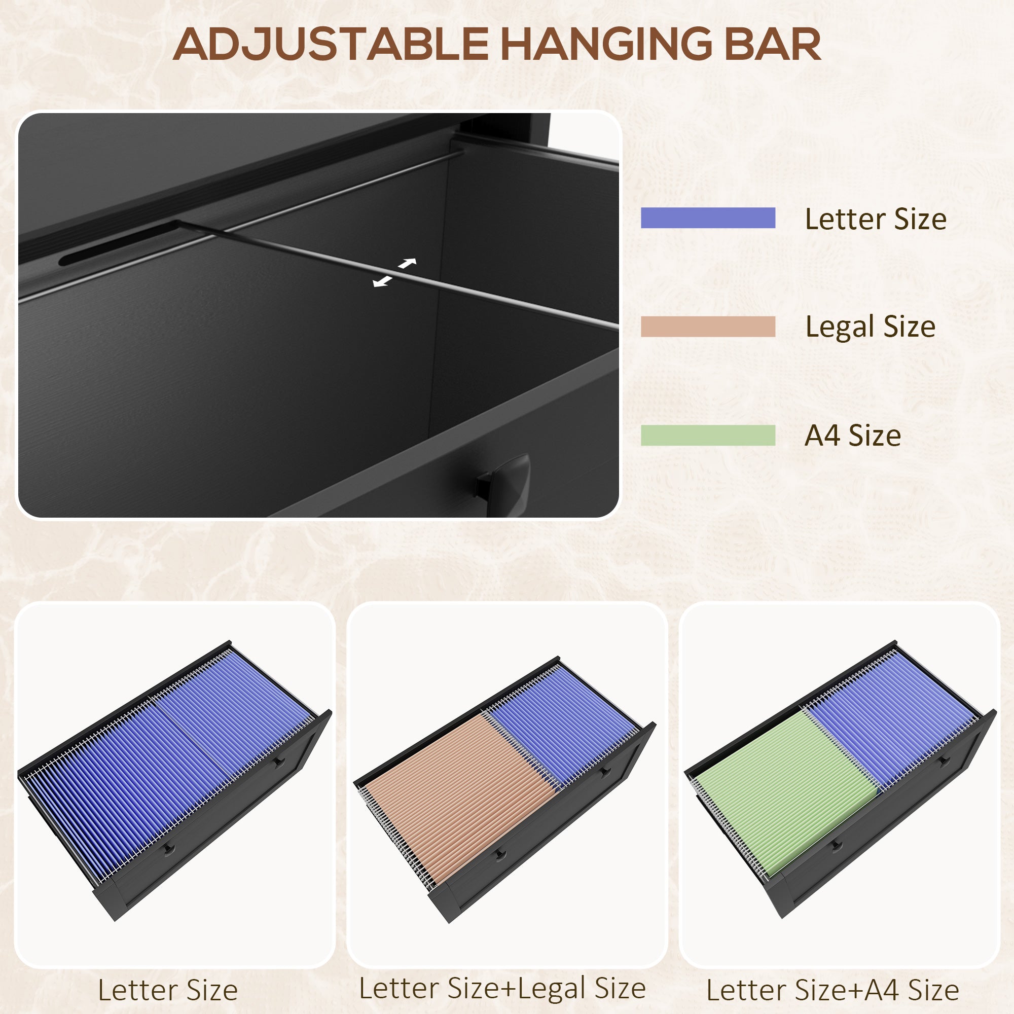 Lateral File Cabinet, 2 Drawer Filing Cabinet with Adjustable Hanging Bar for Letter, A4 and Legal Size, Black