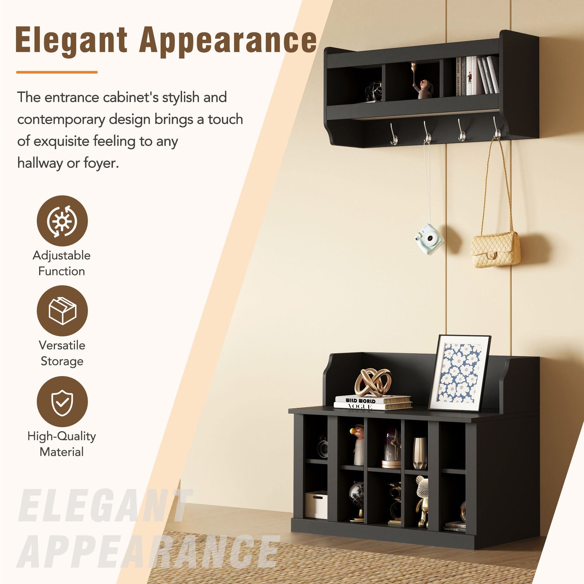 Shoe Cabinet Storage with Shelves and 4 Hooks, Elegant Hall Tree with Wall Mounted Coat Rack, Entryway Organizer for Hallway, Mudroom, Black