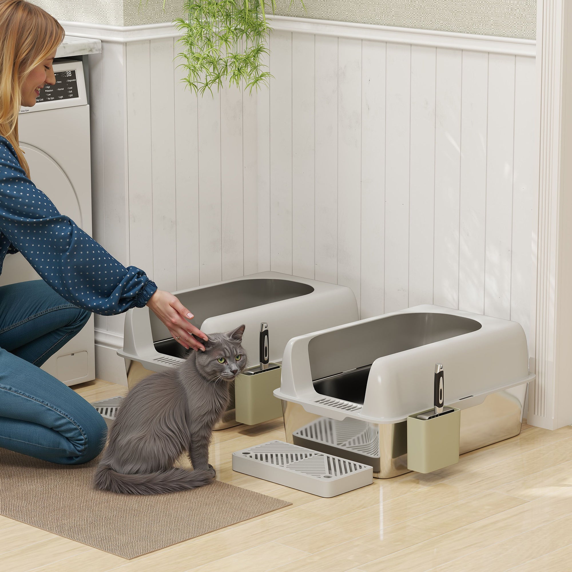 2 Pack High Sided Stainless Steel Litter Box with Metal Scoop & Scoop Holder, for Anti-Urine Leakage, Light Gray