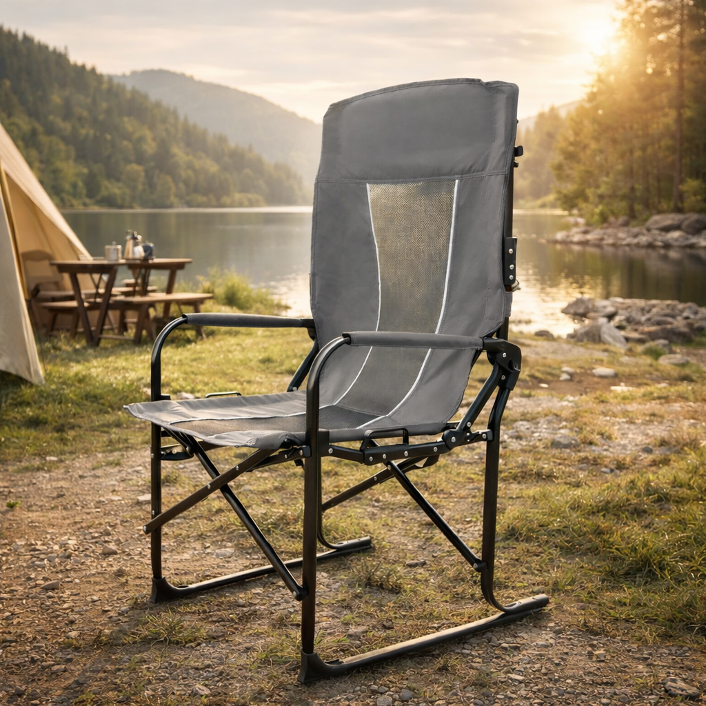 Camping Director's Chair with Side Table and Pocket, Steel Frame, Heavy Duty Oversized Portable Folding Chair, 25" L x 27.5" W x 43.5" H, Gray