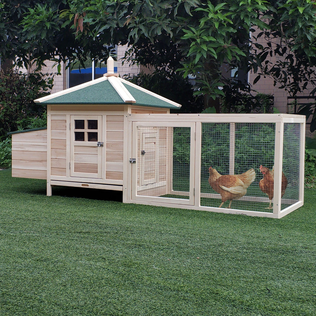 77" Wooden Chicken Coop with Nesting Box, Cute Outdoor Hen House with Removable Tray, Ramp Run, for Garden Backyard, Natural