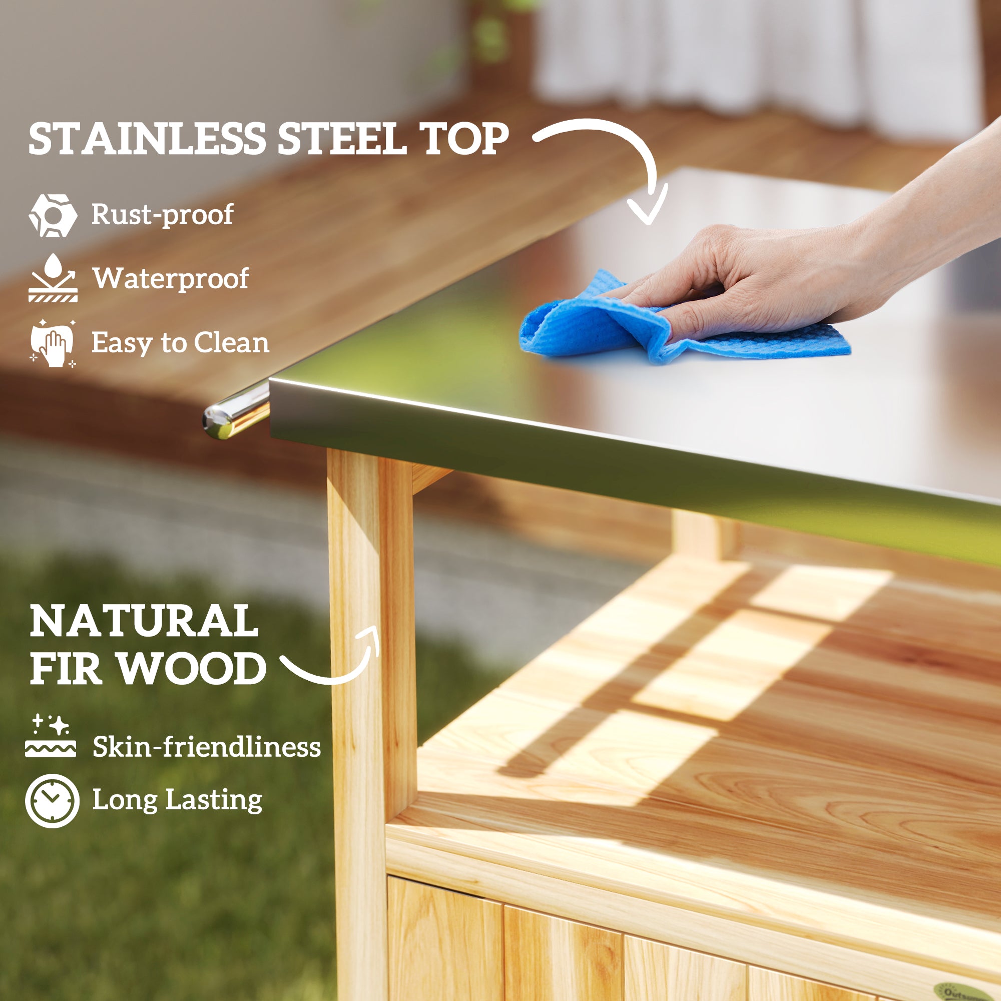 Outdoor Grill Cart w/ Stainless Steel Top, Solid Wood Outdoor Kitchen Island w/ Wheels, Integrated Hole, Natural Wood
