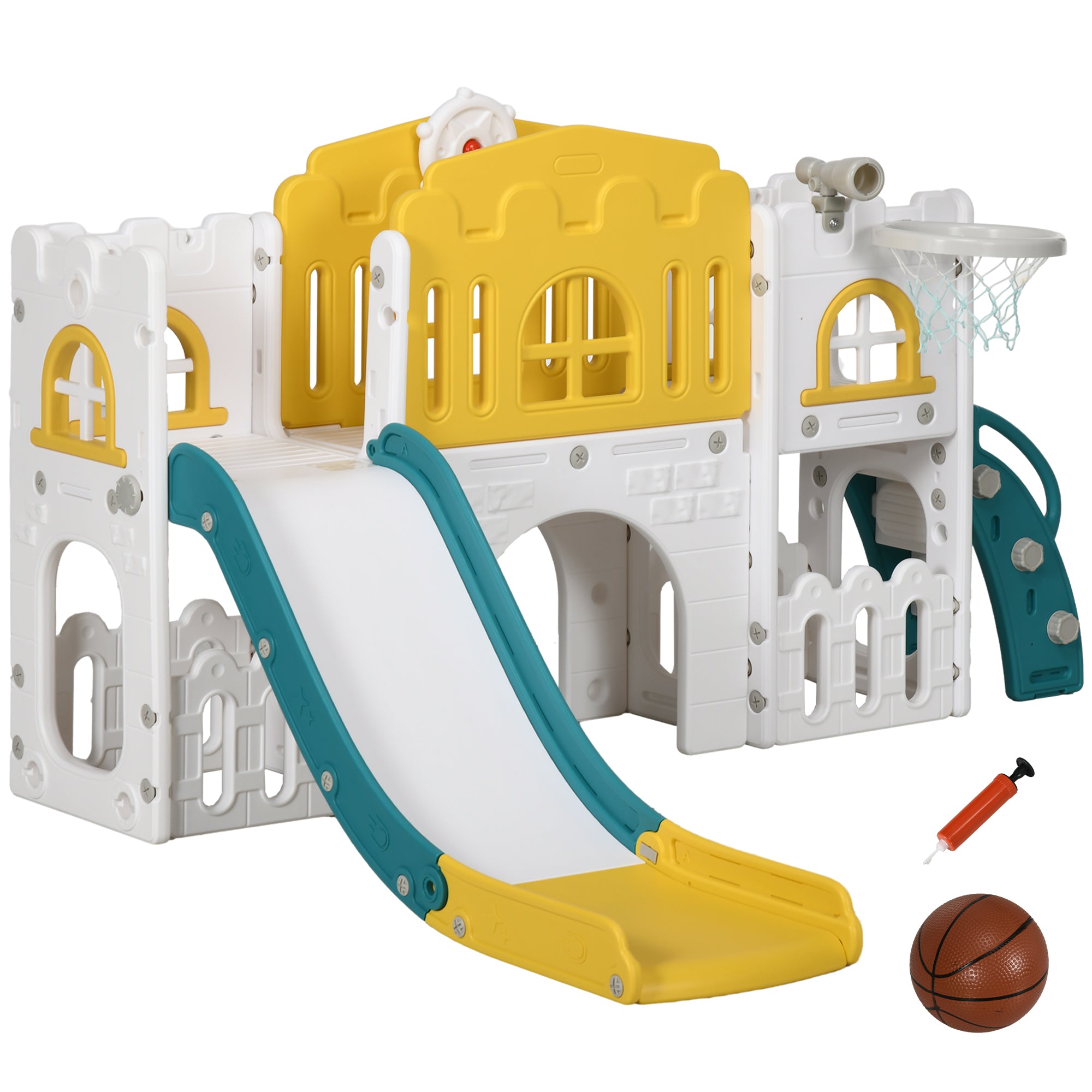 9 in 1 Toddler Slide for Kids Age 1-3 Years with Basketball Hoop, Climber, Telescope, Tunnel, Steering Wheel, Aisle