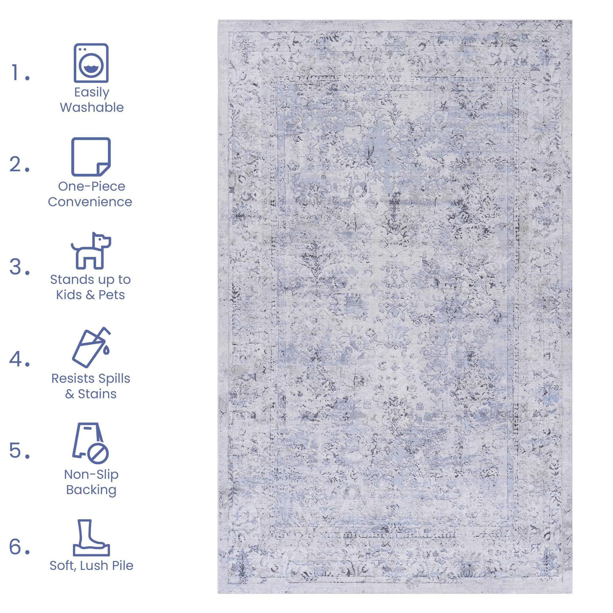 2x3 Kid and Pet Friendly Machine Washable Area Rug, Low-Pile, Non-Slip, Non-Shedding, Foldable Bath Mats for Bathroom, Blue+Cream