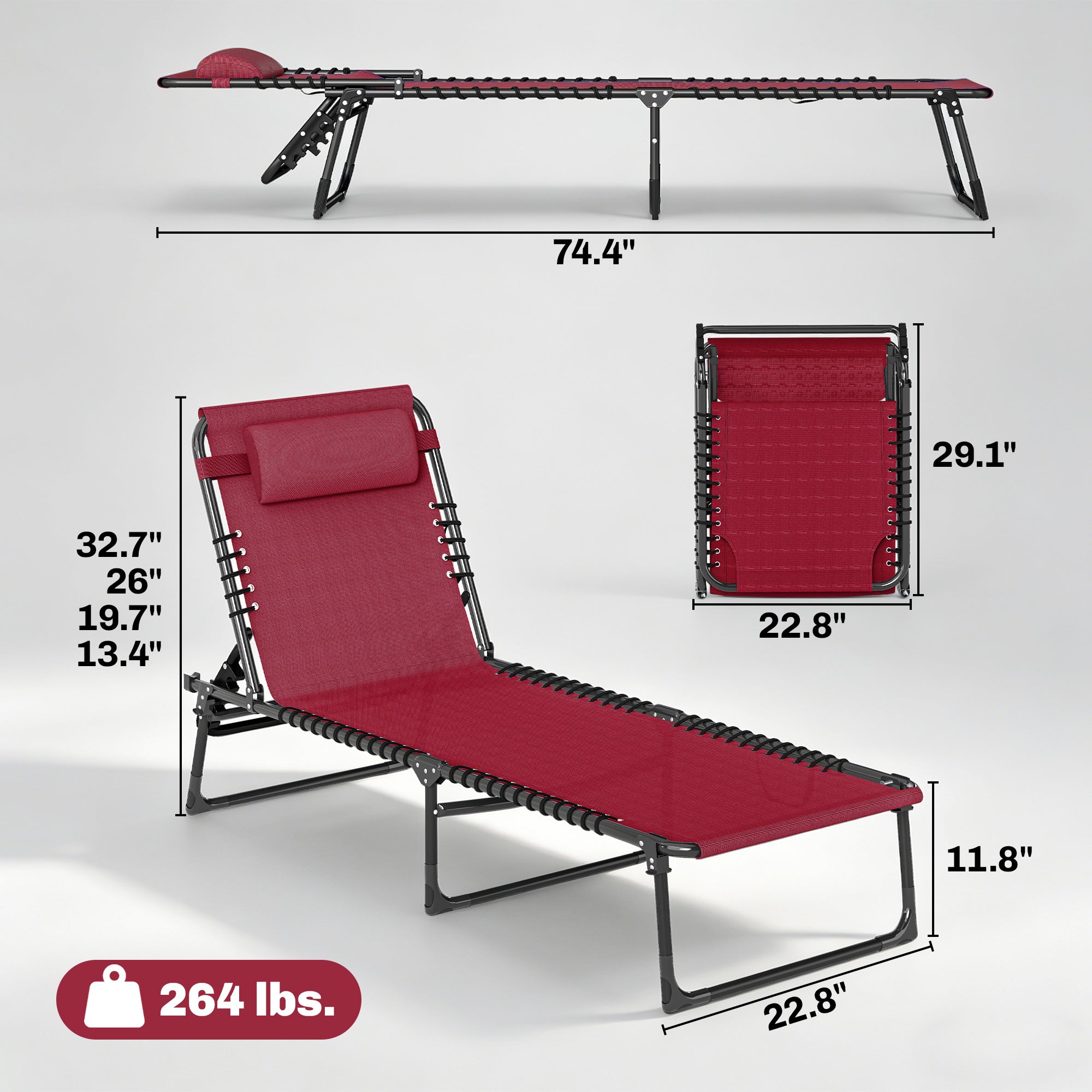 Folding Chaise Lounge Pool Chair with 4-Position Reclining Back, Pillow, Breathable Mesh & Bungee Seat, Wine Red