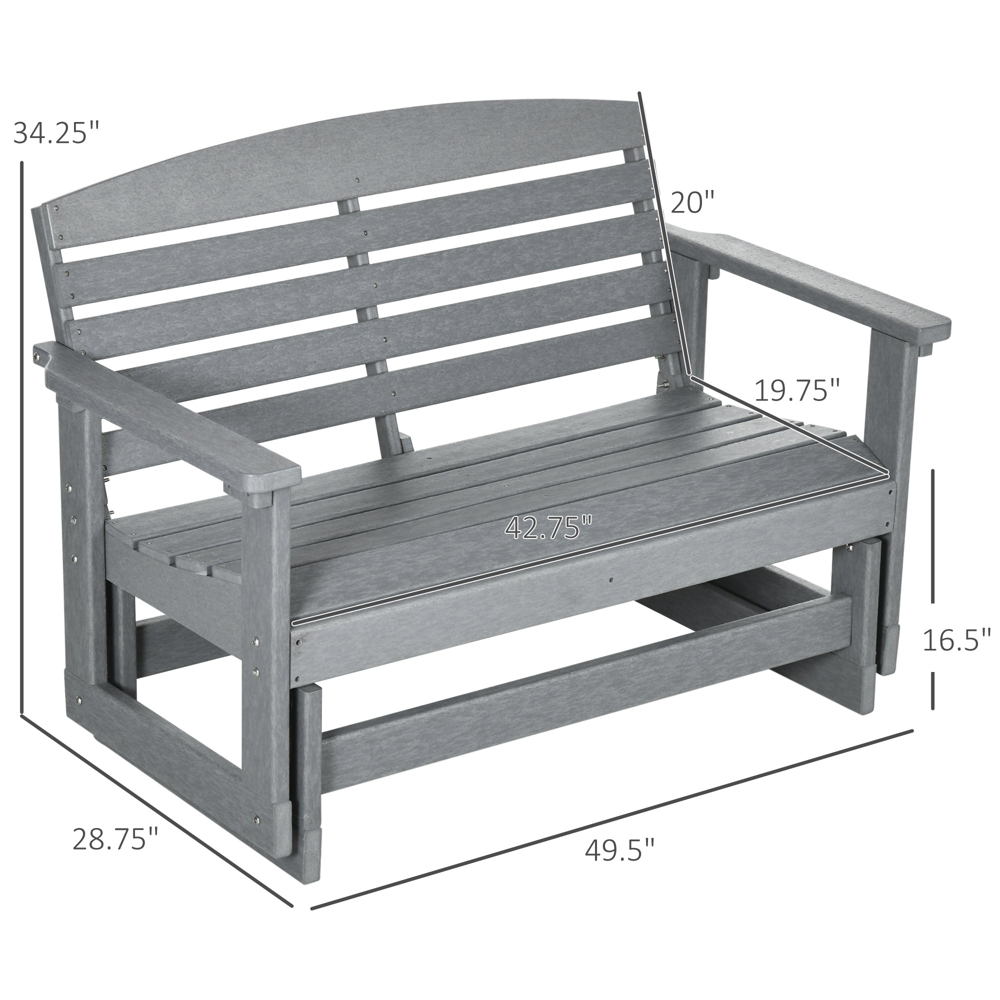 Patio Glider Bench w/ HDPE Slatted Double Rocking Chair, Light Gray