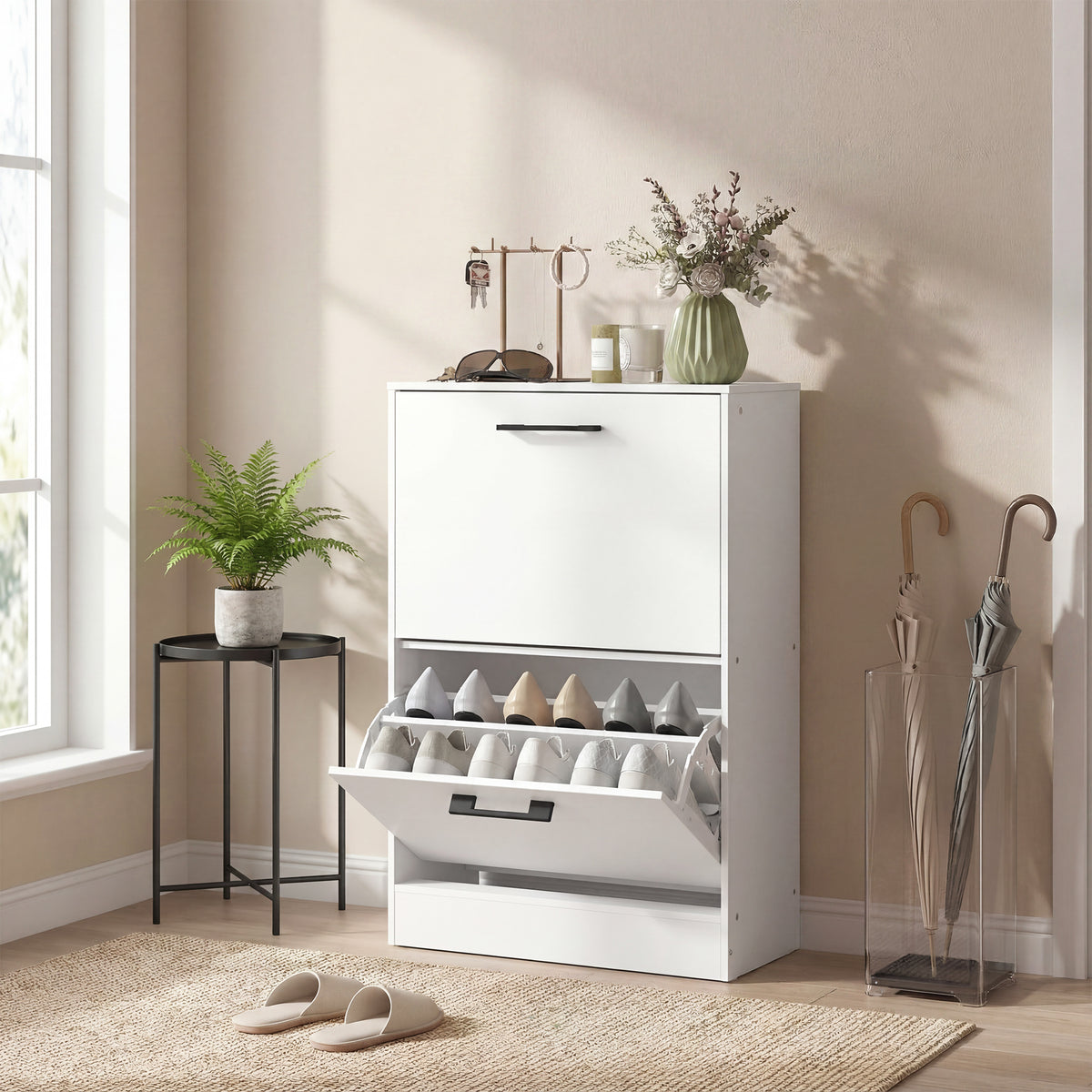 Shoe Cabinet 2 Flip Drawers Narrow Shoe Storage Unit Adjustable Dividers Entryway Hallway White