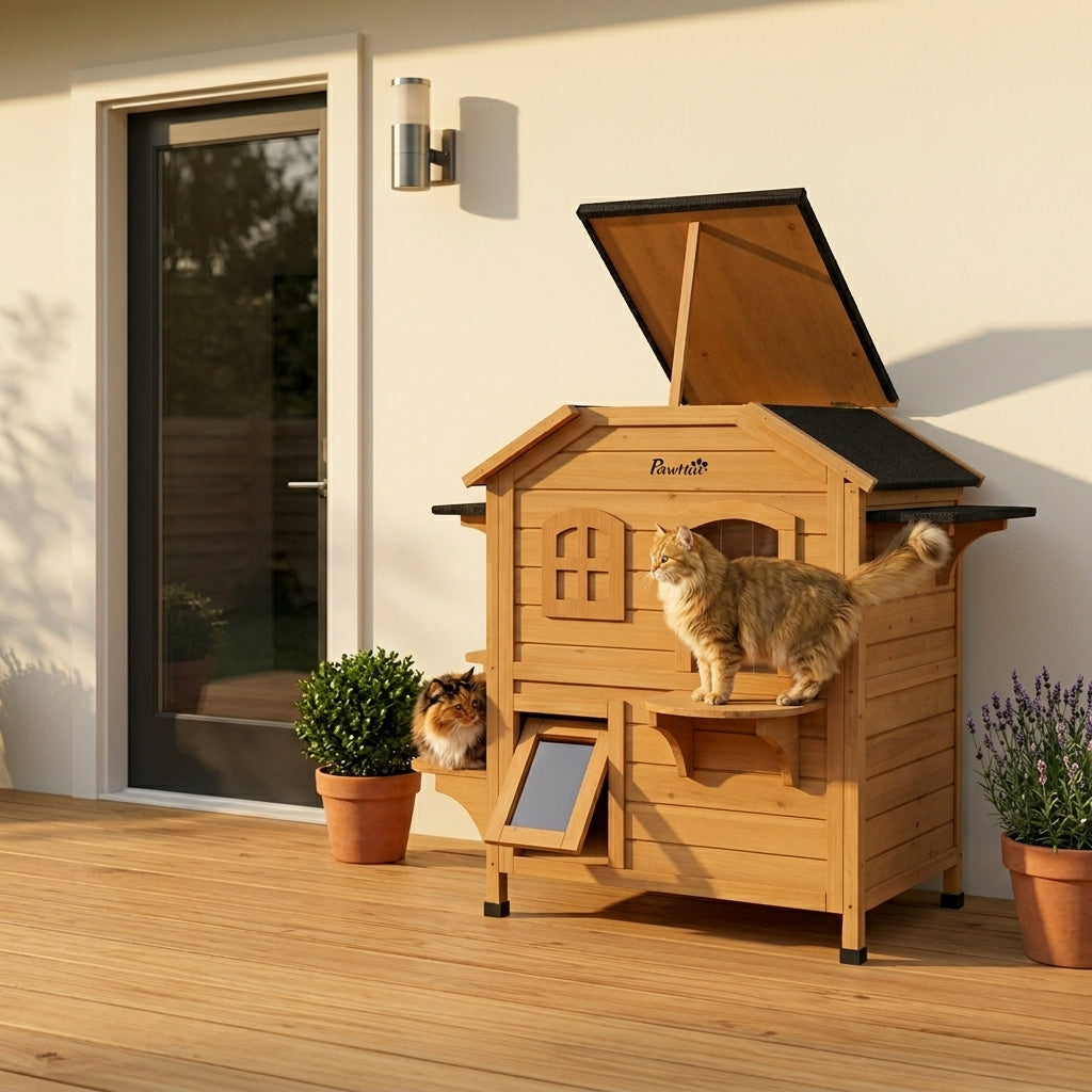 2-story Cat House Outdoor, Weatherproof Wooden Cat Enclosure for Feral Cats with Escape Door, Openable Roof, Jumping Platforms, Natural