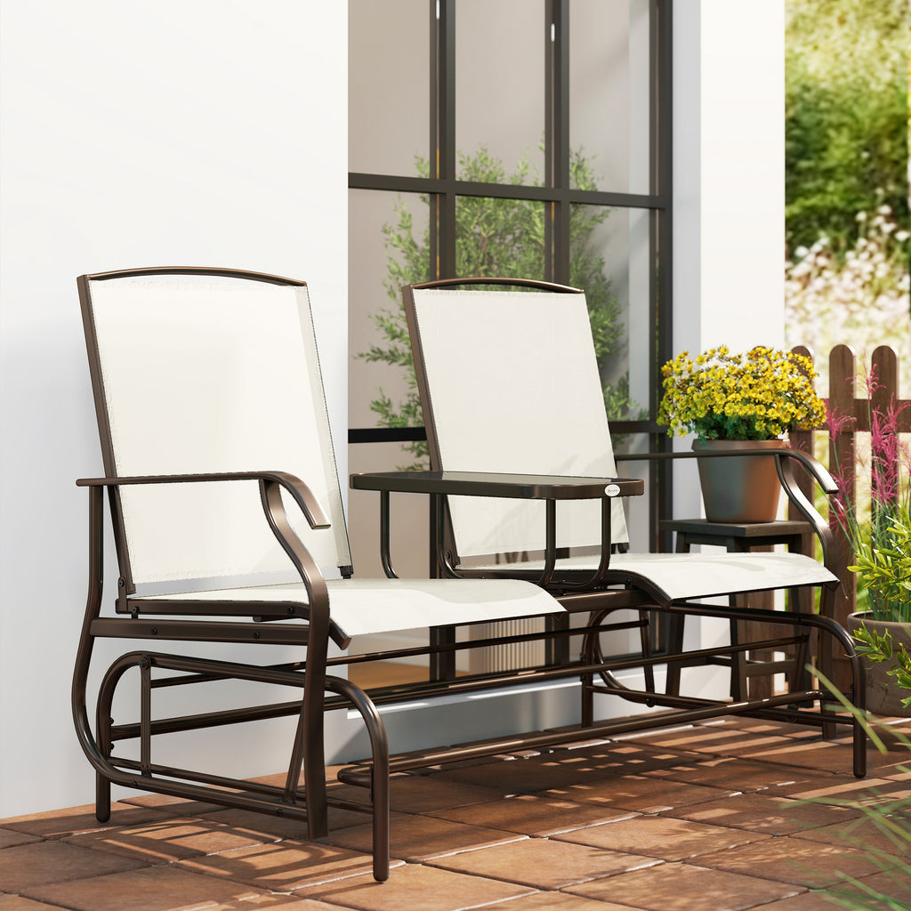 Outdoor Glider Bench with Center Table, Metal Frame Patio Loveseat with Breathable Mesh Fabric and Armrests for Backyard Garden Porch, Beige