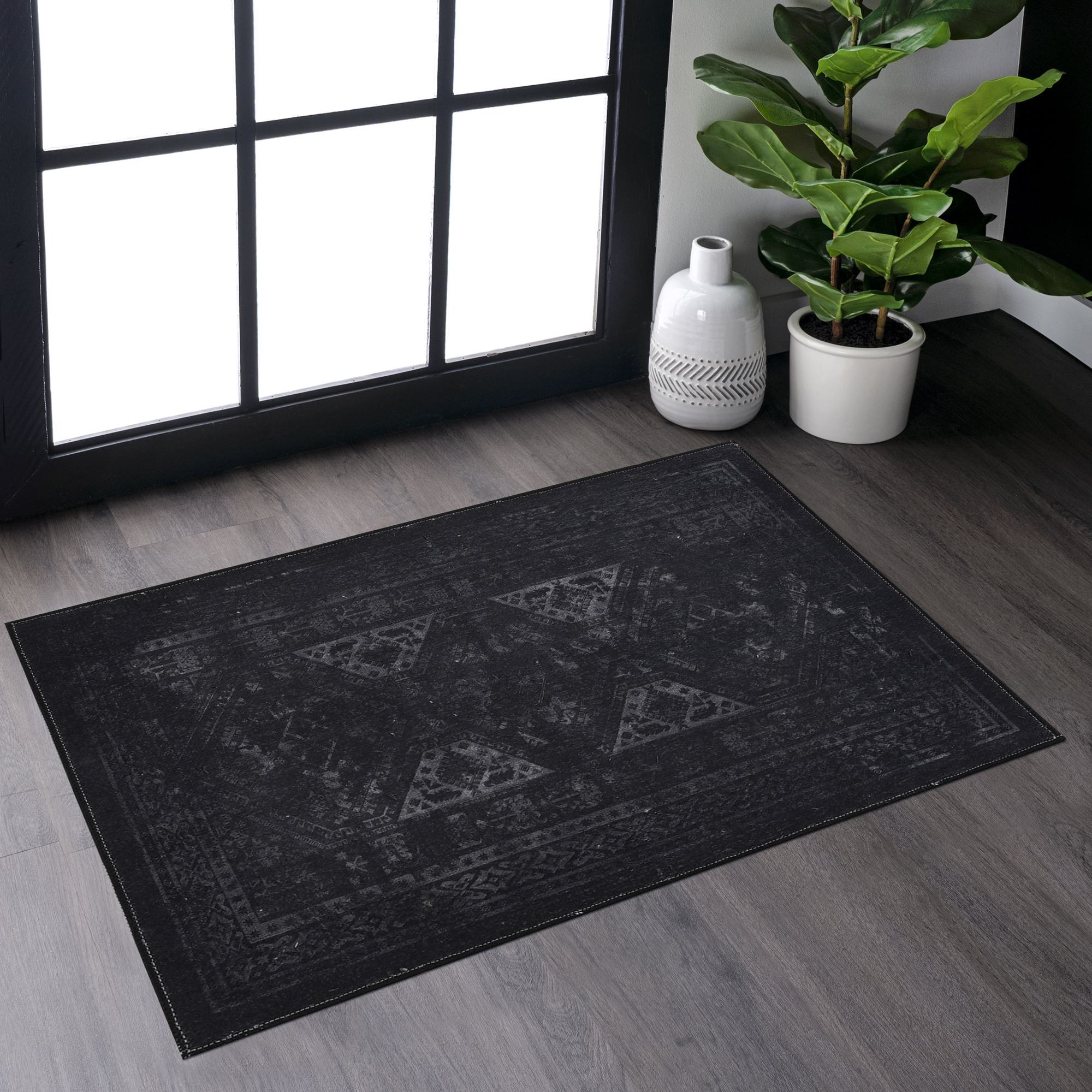 2x3 Low-Pile Non-Slip Non-Shedding Machine Washable Area Rug, Kid and Pet Friendly, Foldable Doormat for Bathroom, Kitchen, Black+Gray