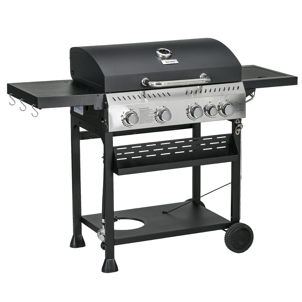 4 Burner Propane Gas Grill with Side Burner, 40,000 BTU Outdoor Barbeque with Shelves, Thermometer, Bottle Opener, Black