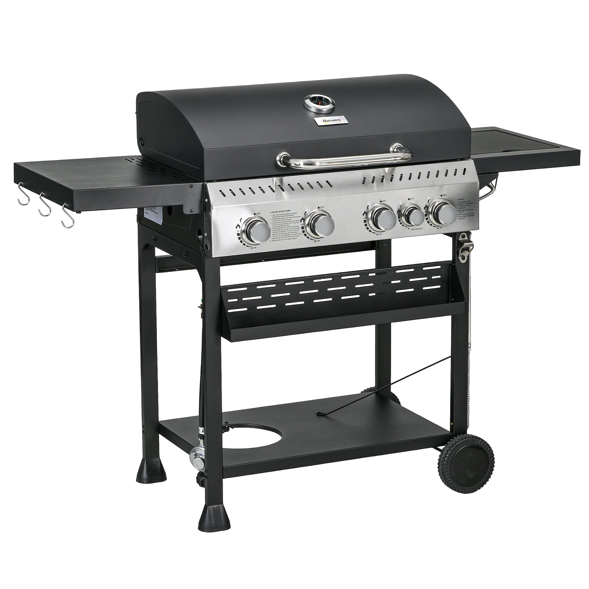 4 Burner Propane Gas Grill with Side Burner, 40,000 BTU Outdoor Barbeque with Shelves, Thermometer, Bottle Opener, Black
