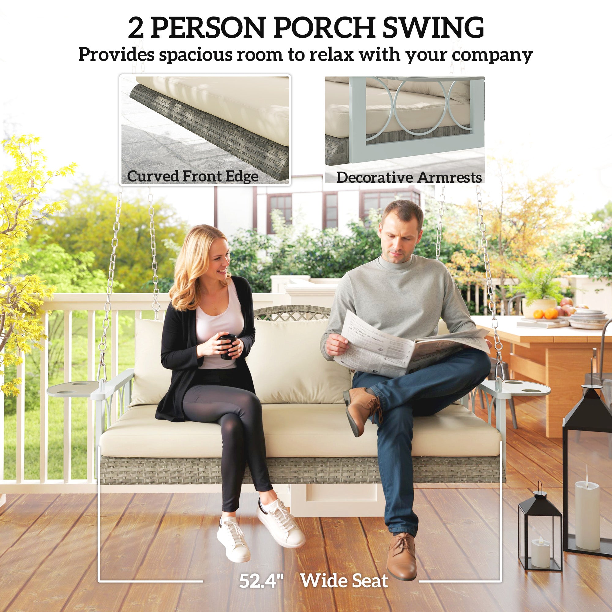 3 Person Wicker Hanging Outdoor Patio Porch Swing Bench with Cup Holders, Cushions, and Chains, Natural