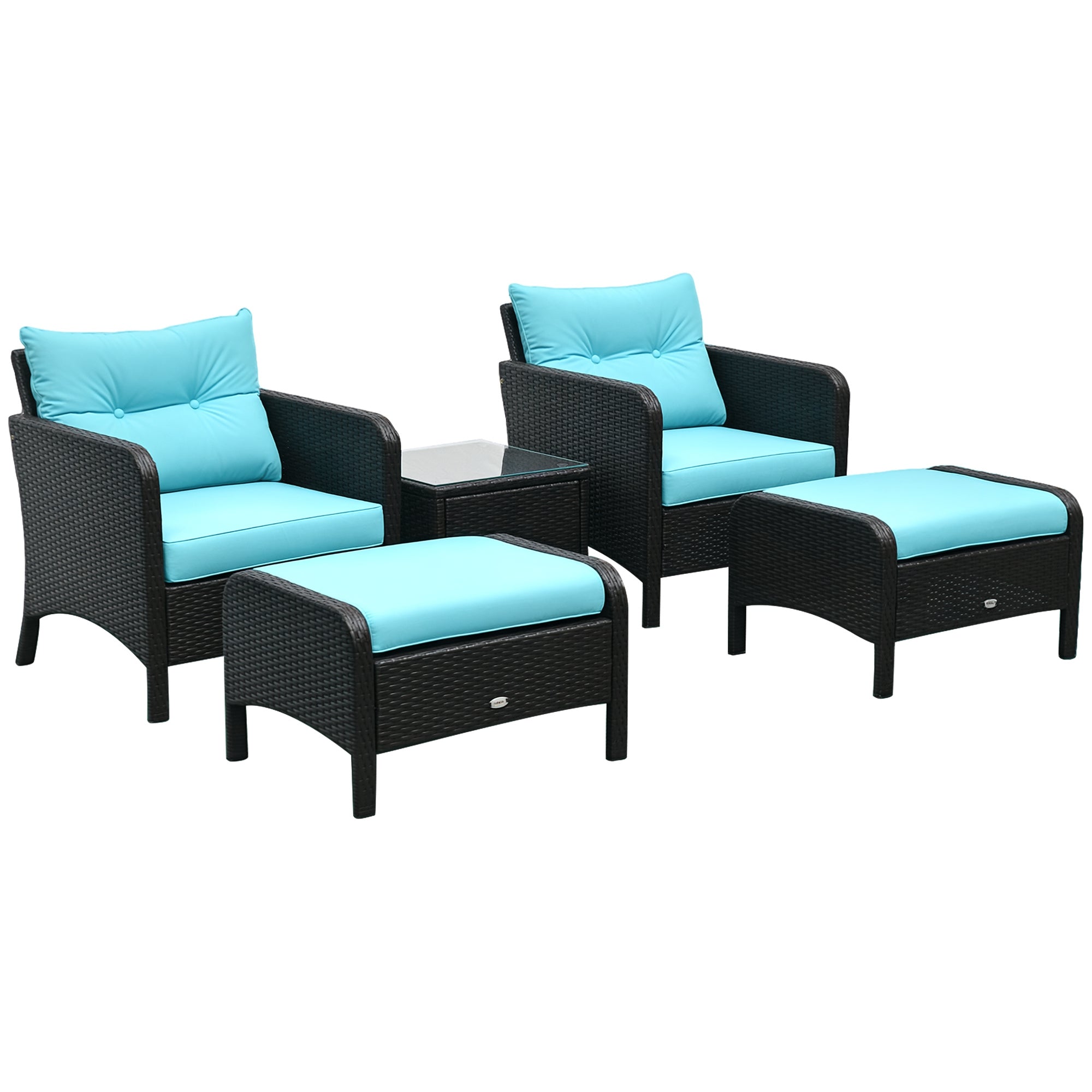 5 Pieces Rattan Wicker Lounge Chair Outdoor Patio Conversation Set with 2 Cushioned Chairs, 2 Ottomans and Tempered Glass Top Coffee Table, Brown/Blue