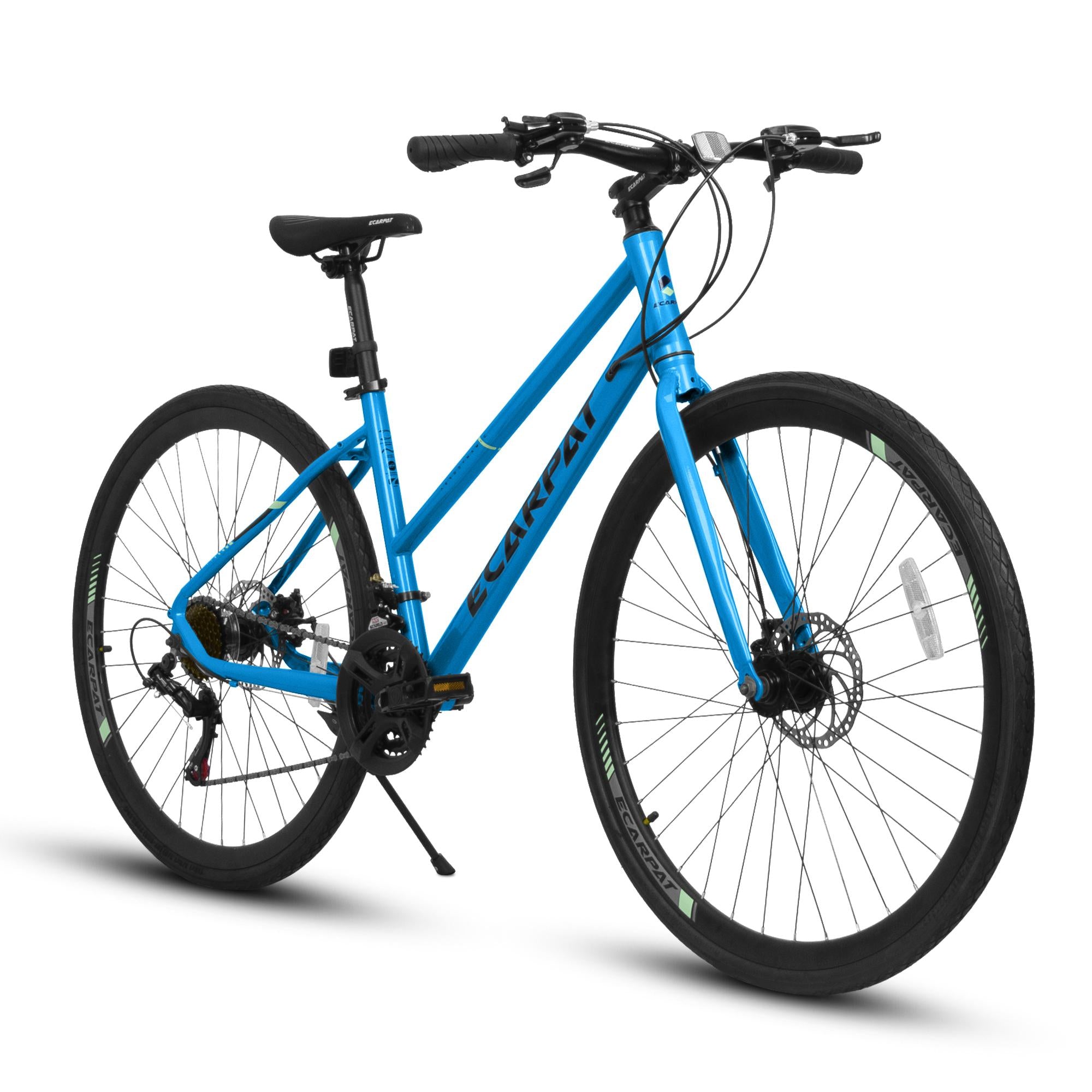 21-Speed 700C Wheels Hybrid Road Bike for Adults, Steel Frame with Dual-Disc Brakes, 85% Pre-Assembled, 68" L x 27.5" W x 37.5" H, Black+Blue