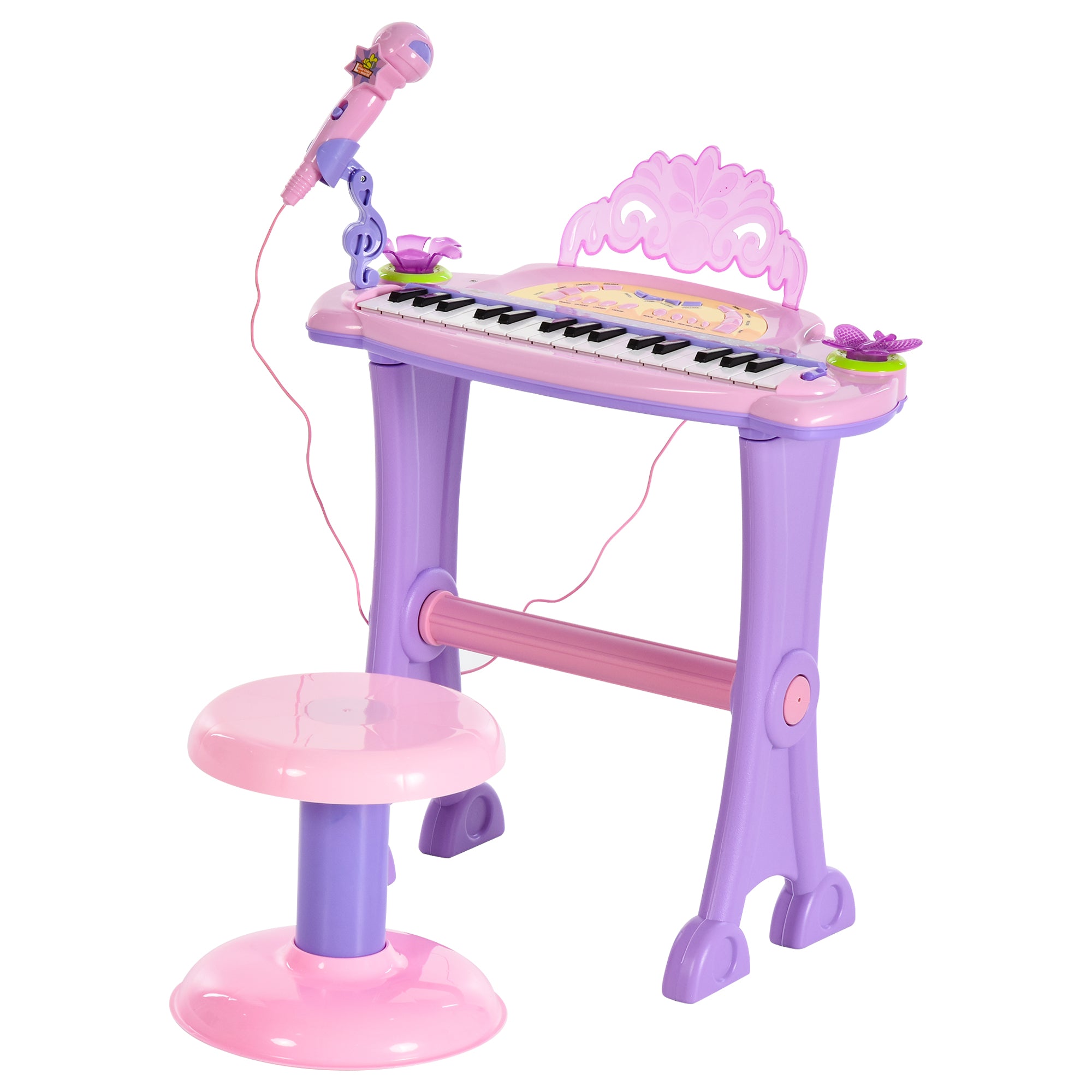 32-Key Princess Electronic Toy Piano for Kids, Educational Keyboard Piano with Stool, MP3, Record, Flashing Lights, Microphone for 3-6 Years, Pink