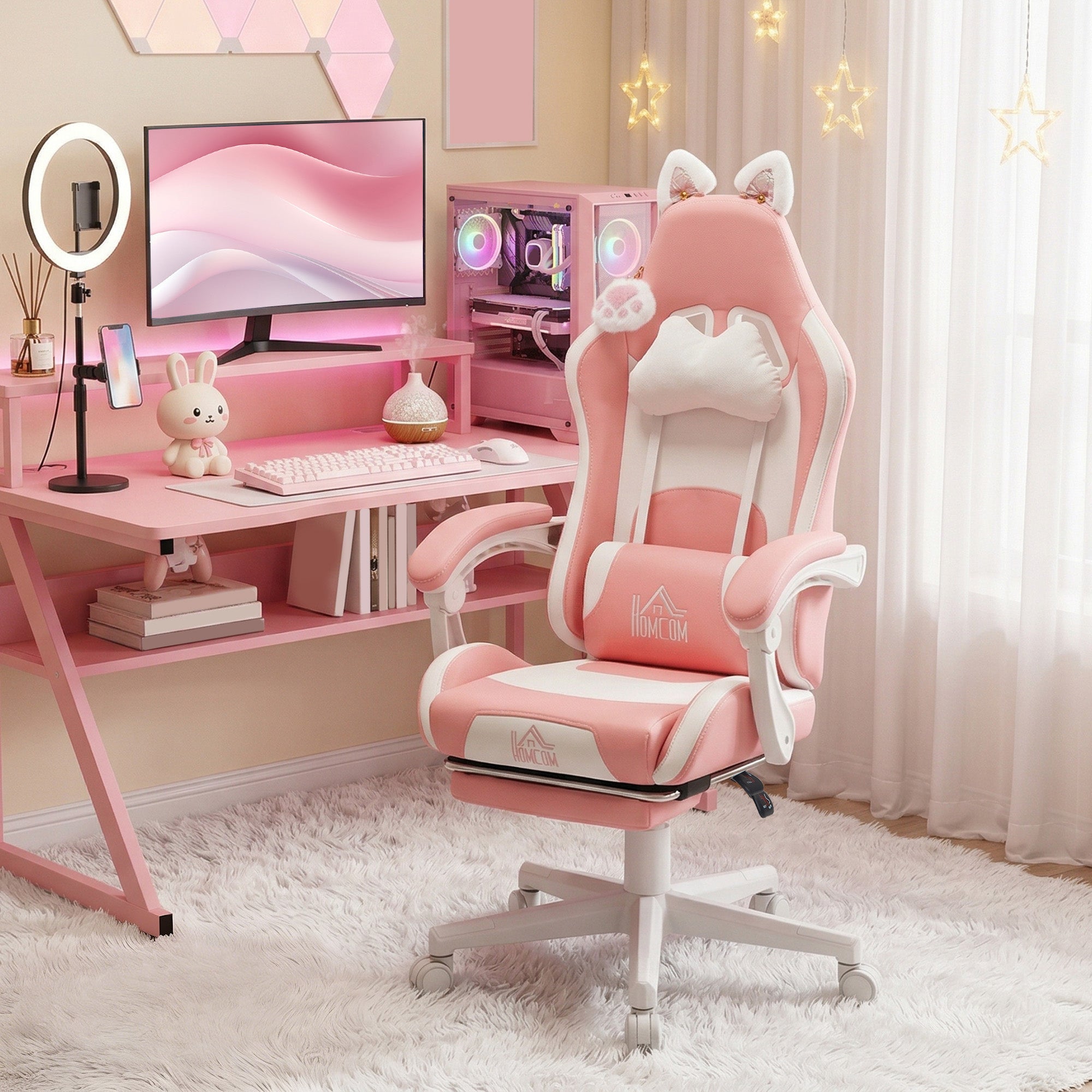 Cute Racing Gamer Chair, Faux Leather Gaming Chair with Footrest, Headrest and Lumbar Support, Pink