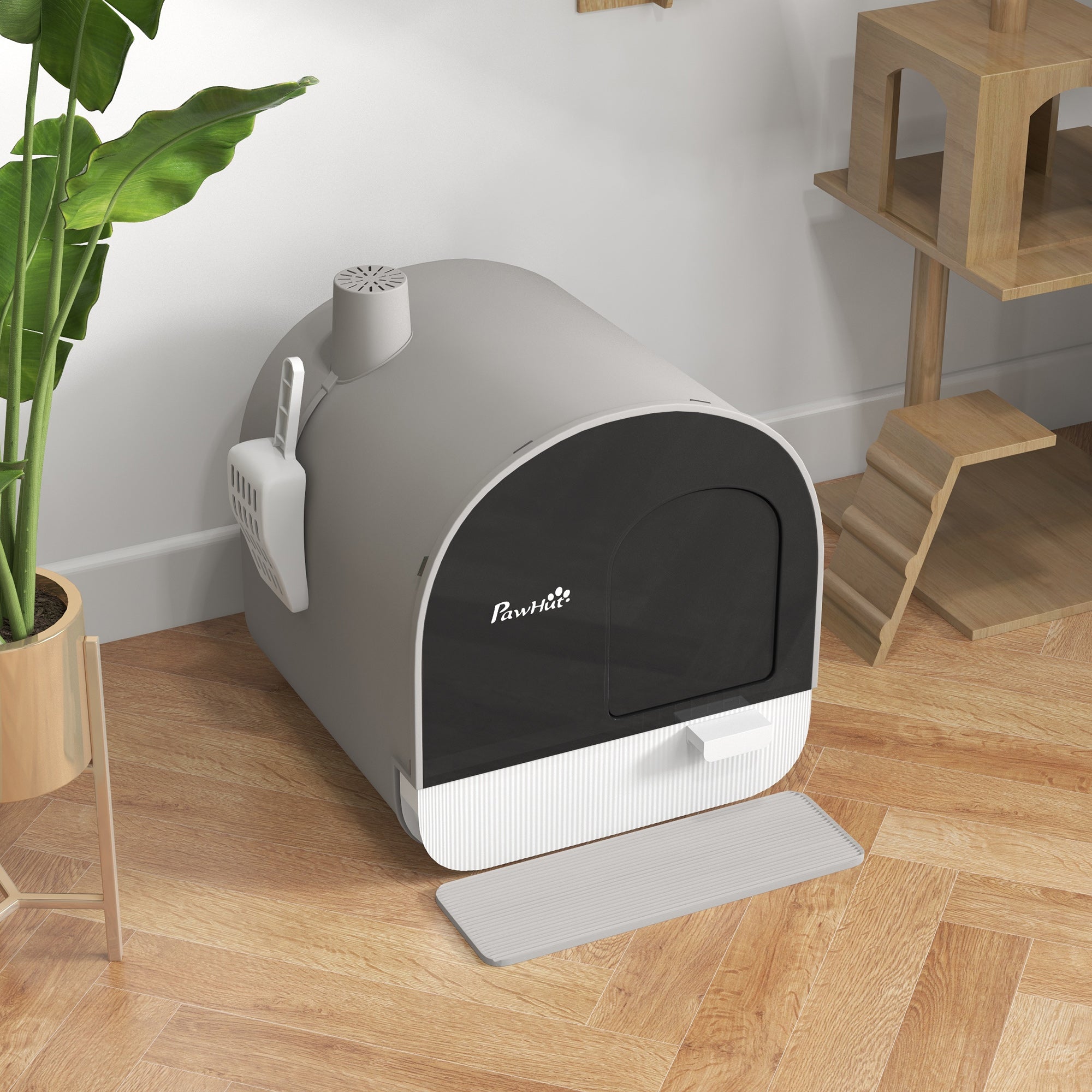 Cat Litter Box with Lid with Scoop and Filter, Light Gray